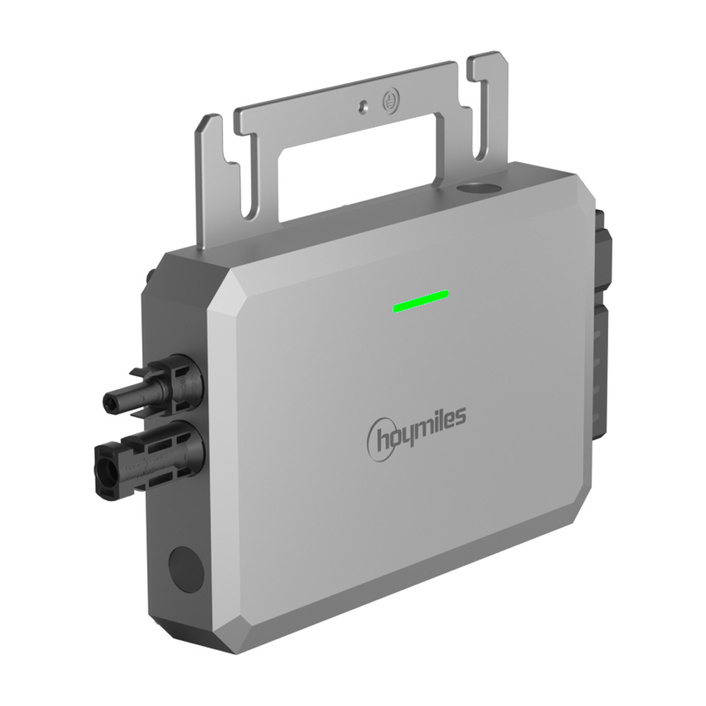 Schrägansicht von links oben: Grauer Hoymiles HF-800-2WB WiFi HiFlow Mikro-Wechselrichter mit Anschlüssen und Montagelöchern