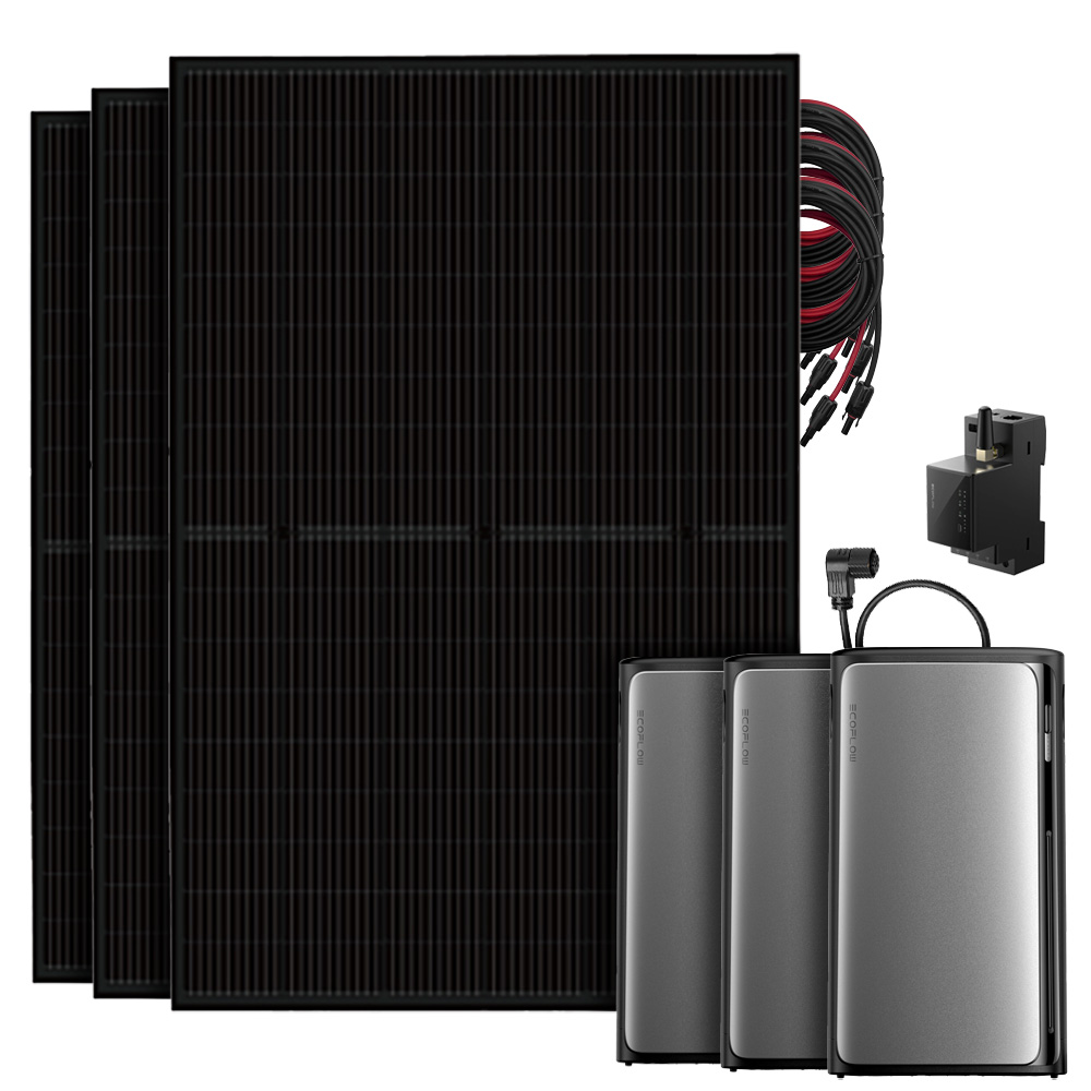 Setansicht: 3 Solarmodule, EcoFlow Stream Pro All-in-1 System, 2 AC Pro Batterien, Smart Meter und Kabel