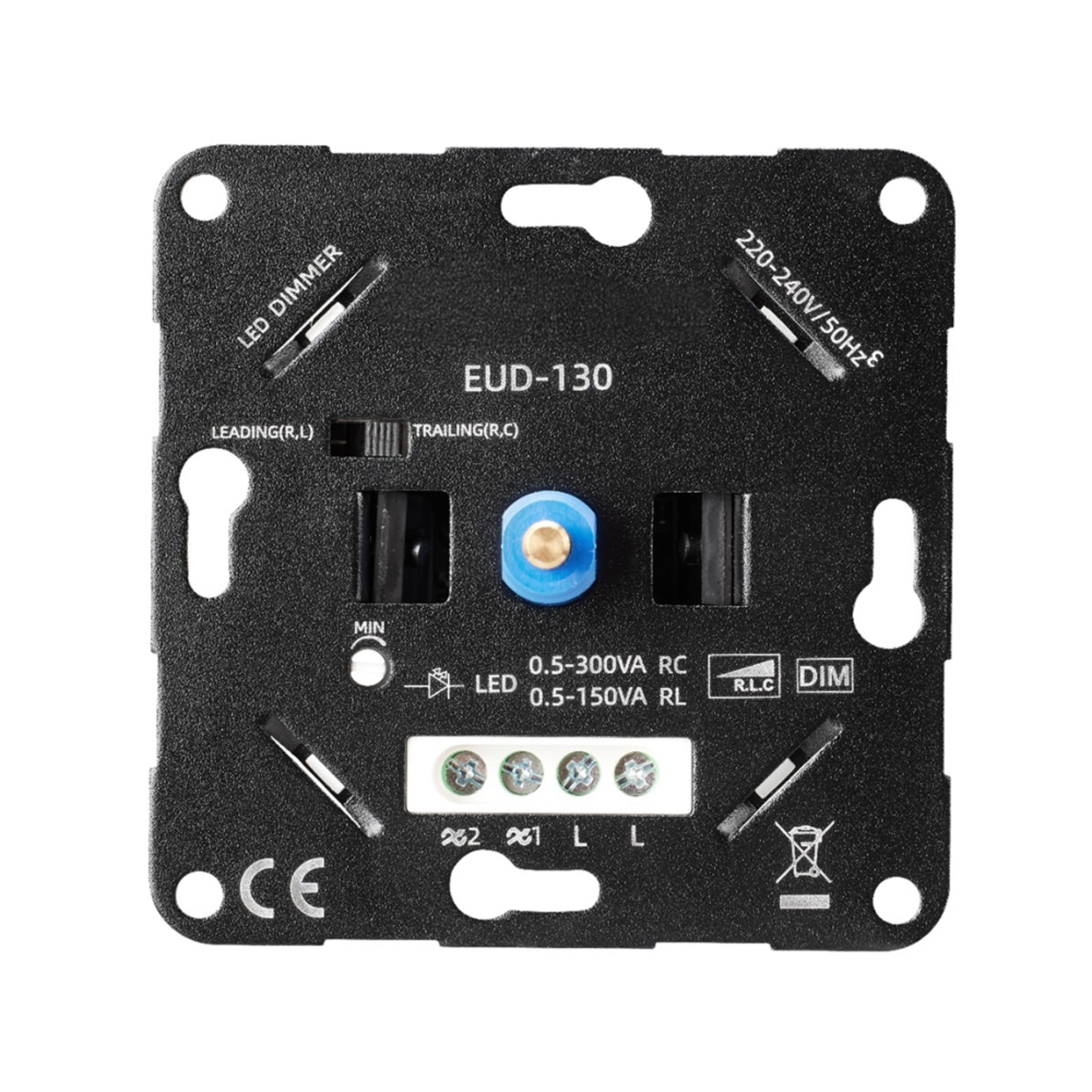 Innenseite Drehdimmer mit Anschlüssen und Montagebohrungen