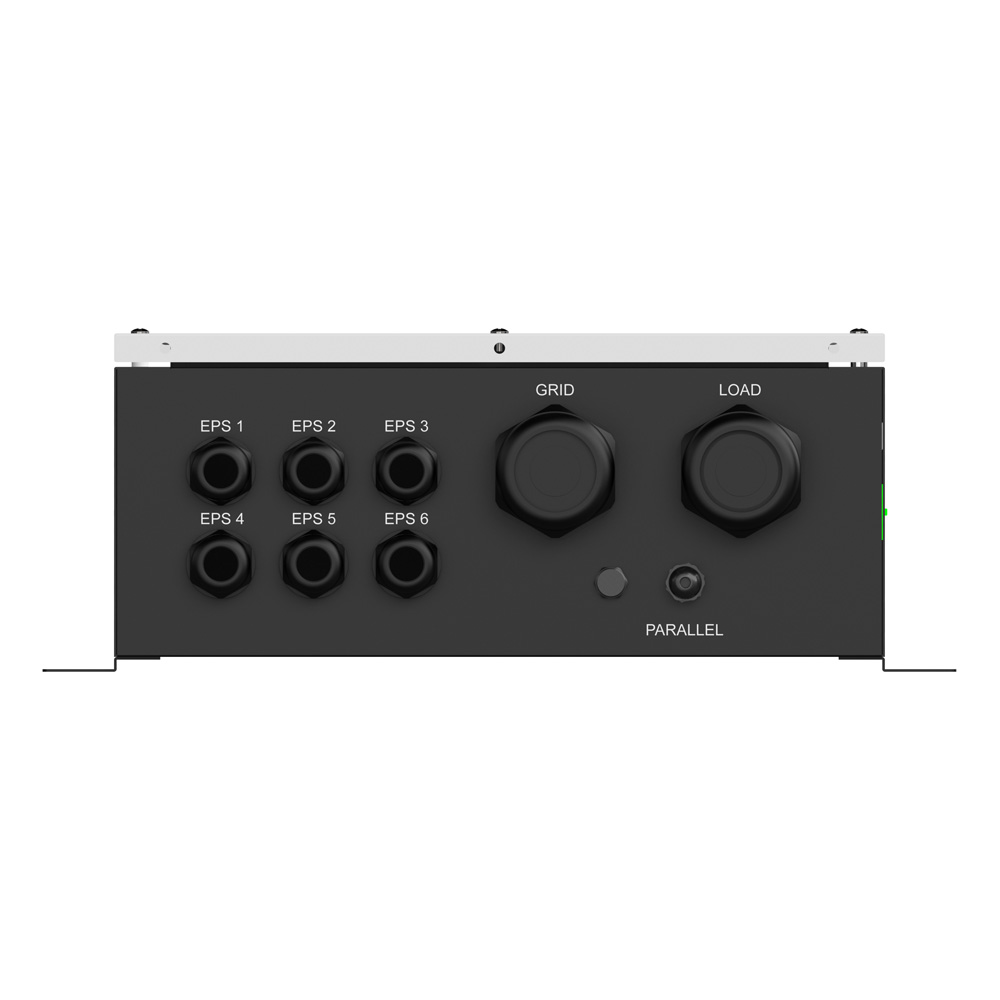 Unterseite der Solax X3-PBOX-60kW-G2 mit Kabelverschraubungen und Anschlüssen: EPS 1 bis 6, Grid, Load und Parallel