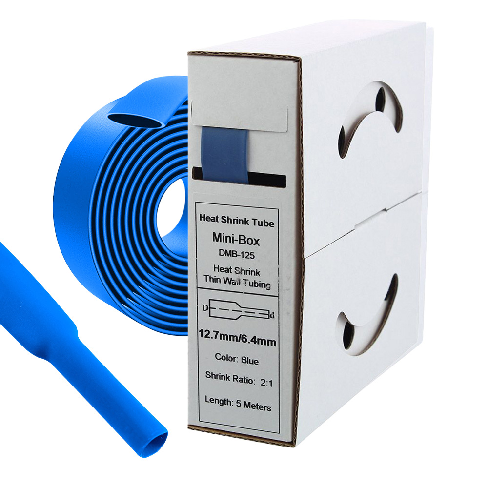 Schrumpfschlauch in blau dargestellt als Rolle mit der Verpackung und dem möglichen Schrumpfvolumen