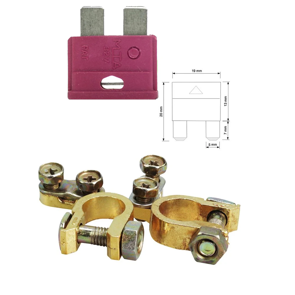 Sicherung in rot mit Abmessungen und Batteriepolklemmen in gold