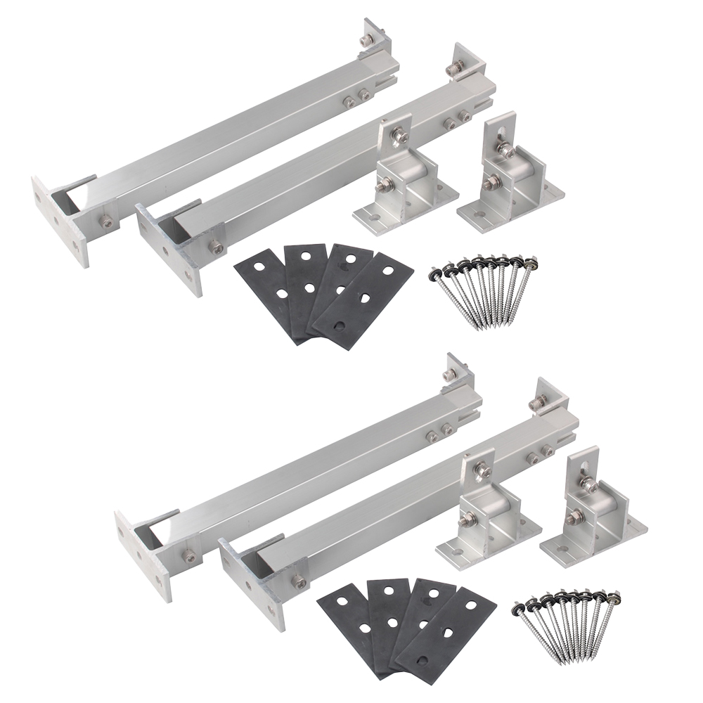 Setansicht: Silberne Schienen, Platten und Schrauben zur Befestigung der Solarmodule