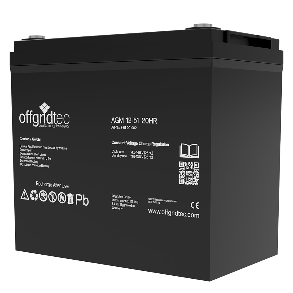 Schrägansicht: schwarze, rechteckige Offgridtec AGM 51Ah Solarbatterie