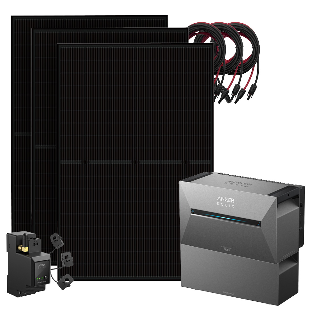 Setansicht: 3x Solarmodule, 1x Solix 3 Solarbank, 1x BP2700 Erweiterungsbatterie, 1x Stromzähler, 3x Kabel-Set