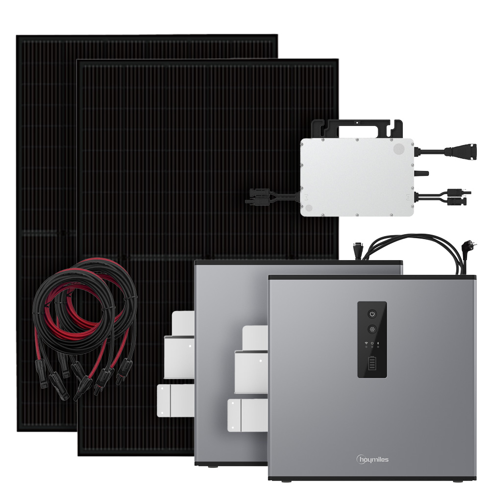 Solar-Komplettset mit 2 Full-Black Modulen, Hoymiles Wechselrichter, 2 Speichermodulen, Halterungen & Kabel