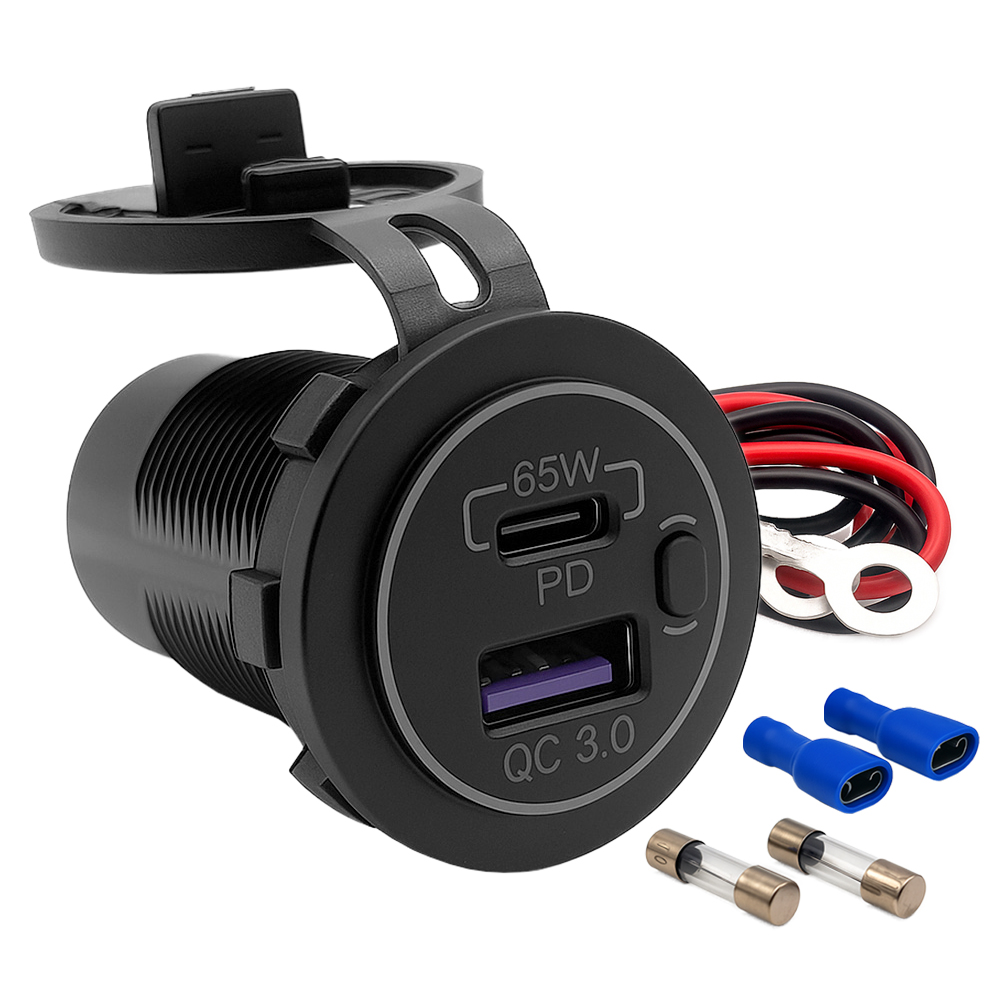 Offgridtec USB-Doppelsteckdose 12V /24V 18W USB-A + 65W USB-C Steckdose Kfz-Schnellladeadapter mit Abdeckung