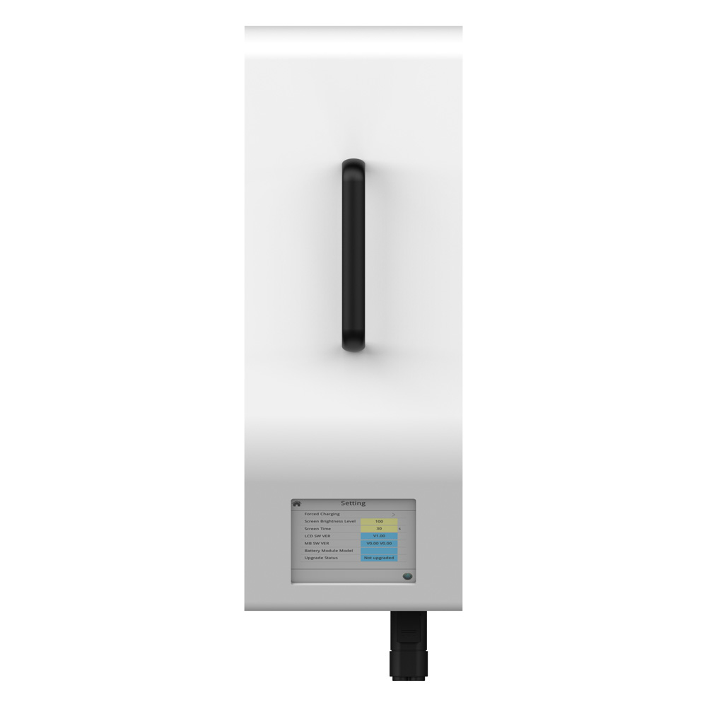Oberseite: weißer Solax T-BAT-Charger mit schwarzem Griff und Display
