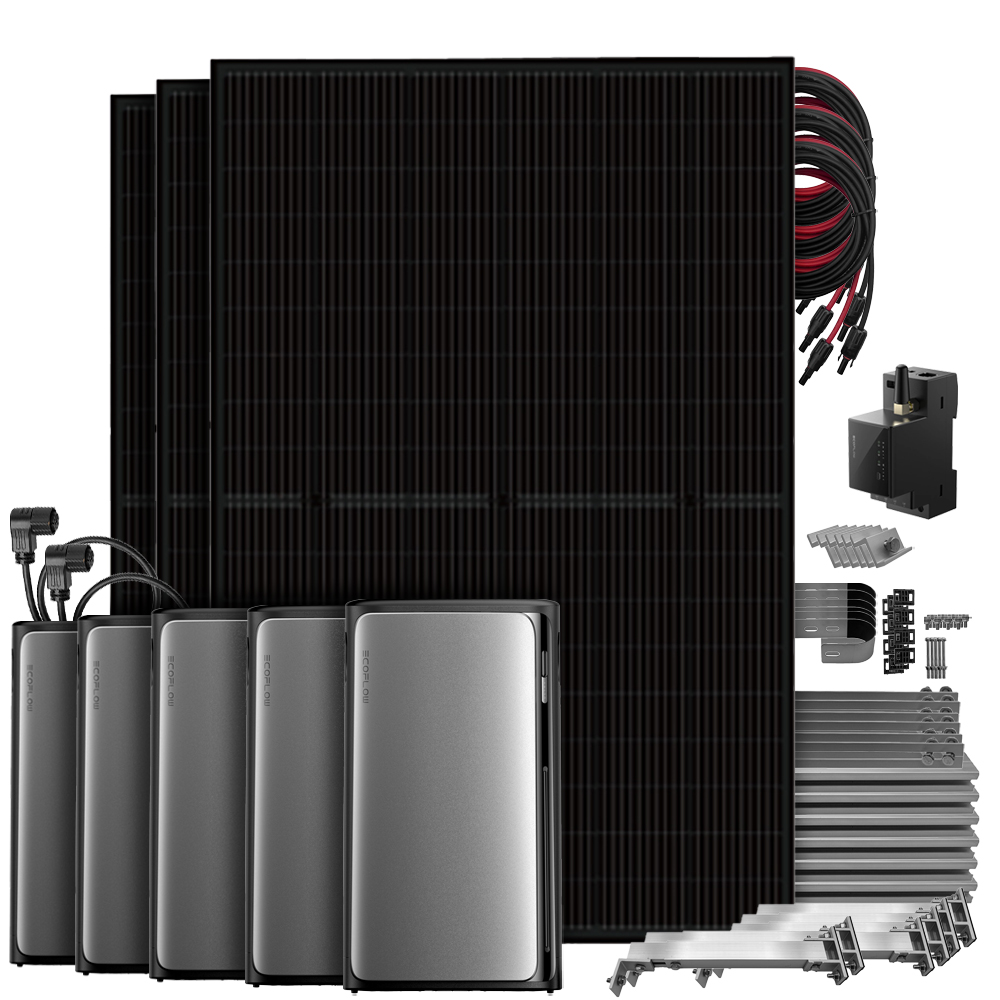 Setansicht: 3 Solarmodule, EcoFlow Stream Pro All-in-1 System, 4 AC Pro Batterien, Smart Meter, Kabel & Balkon-Montageset