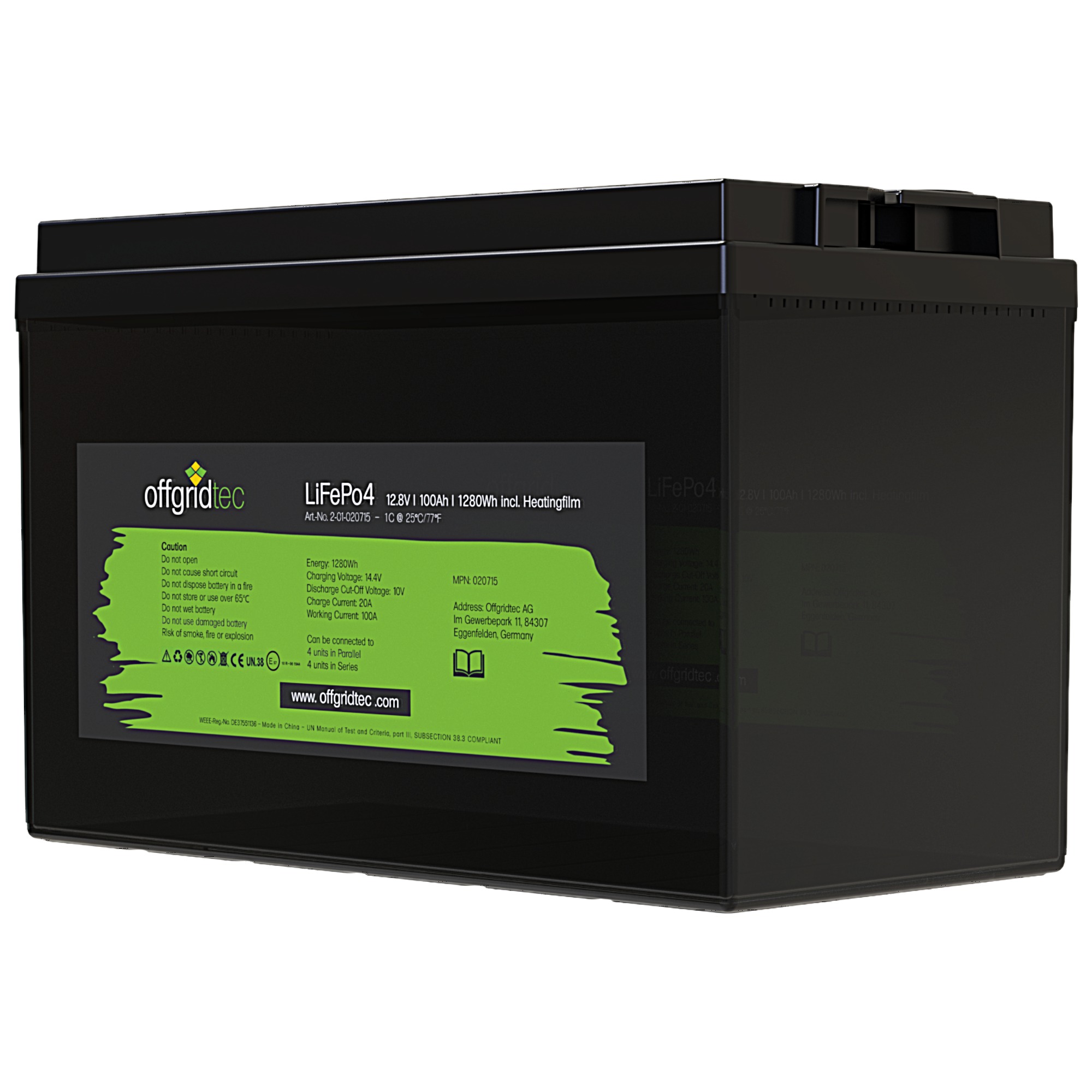 schwarze Offgridtec LiFePO4 Batterie 12V 100Ah mit Heizmatte schräge Frontansicht rechts