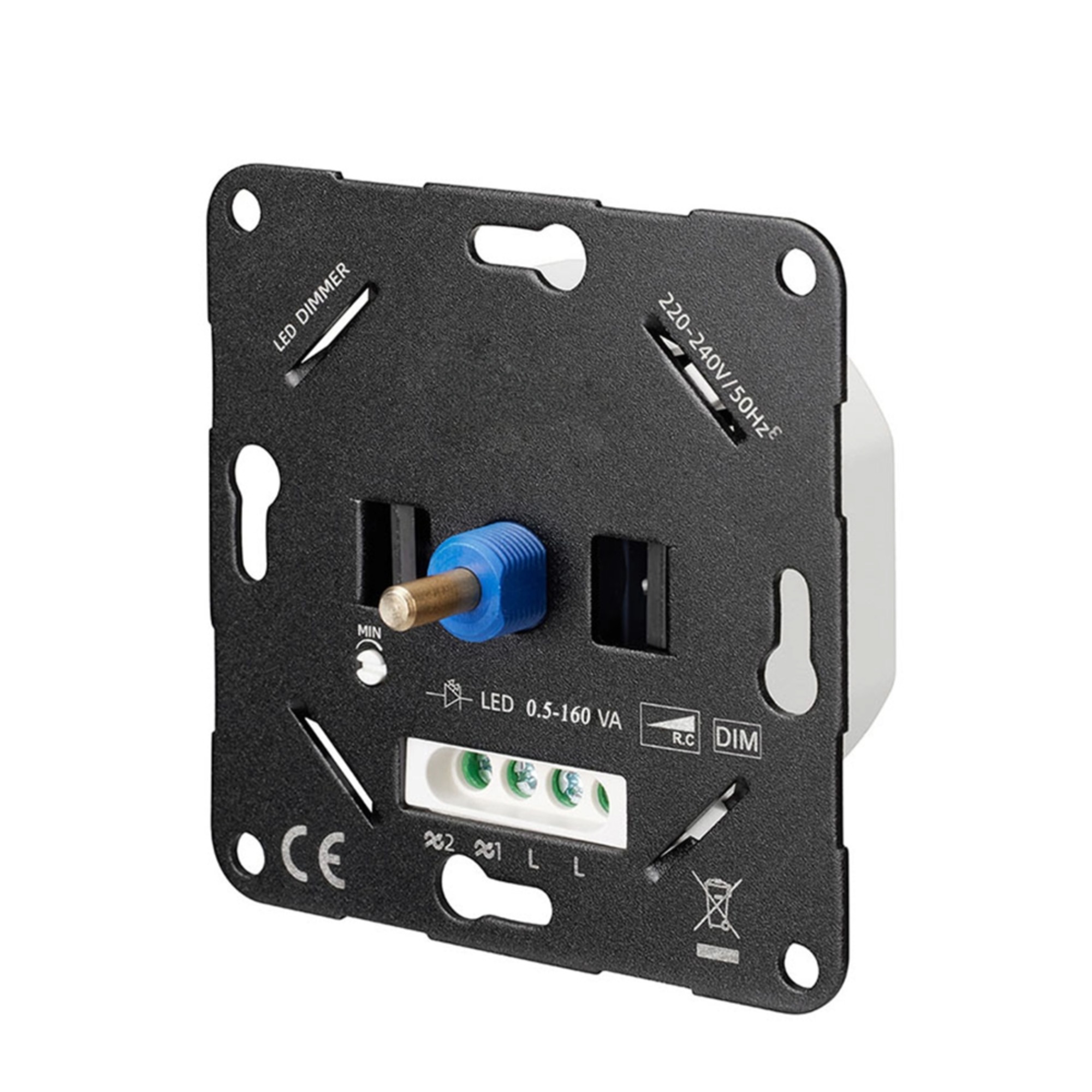 Innenseite weißer Drehdimmer mit Kappe, zeigt Anschlüsse