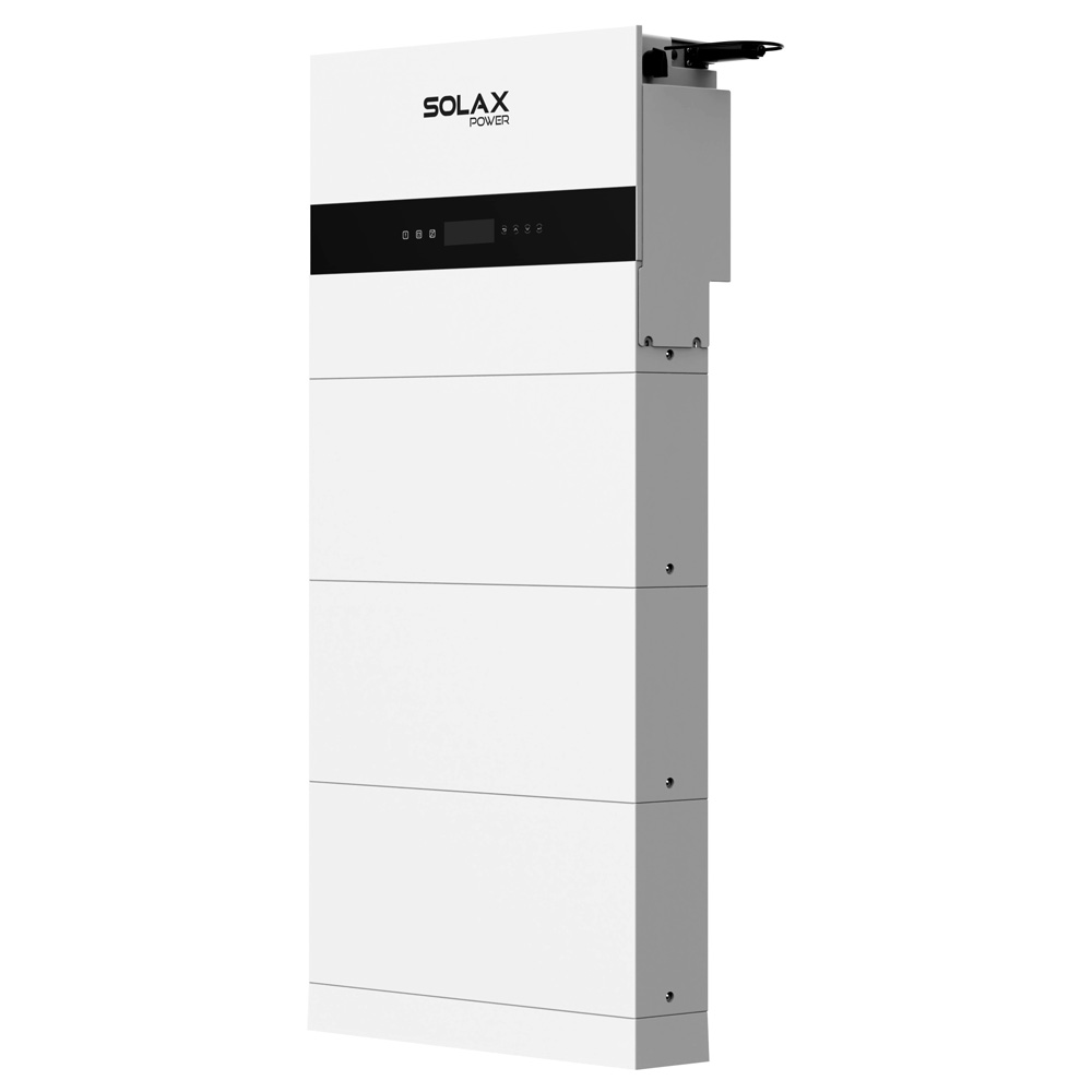 Schrägansicht von rechts: weißes Solax X3-IES Speichersystems mit Wechselrichter, 3 Batterien und BMS