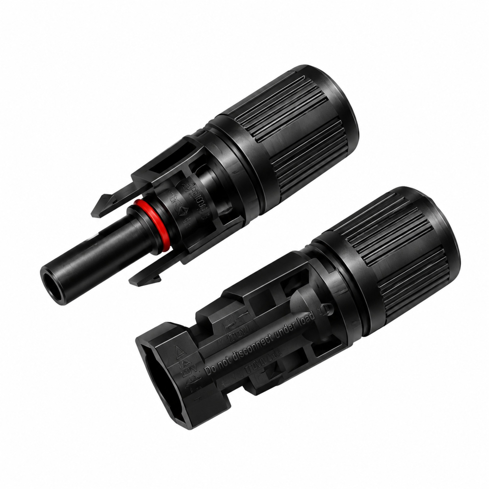 Zwei Victron Solarstecker männlich und weiblich schräge Frontansicht