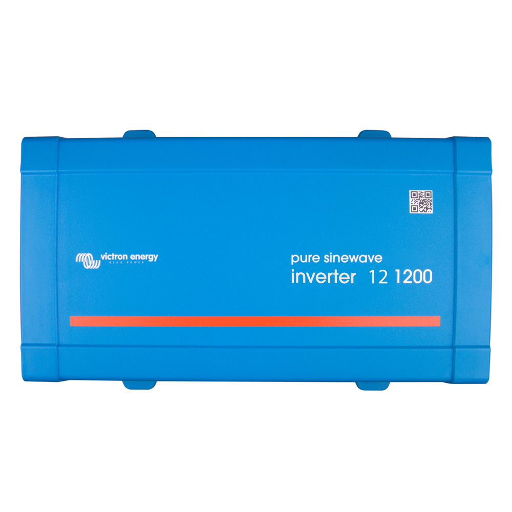Frontansicht: blauer, rechteckiger Victron Phoenix 12/1200 Ve.Direct Inverter mit aufgedrucktem Logo und Modellbezeichnung