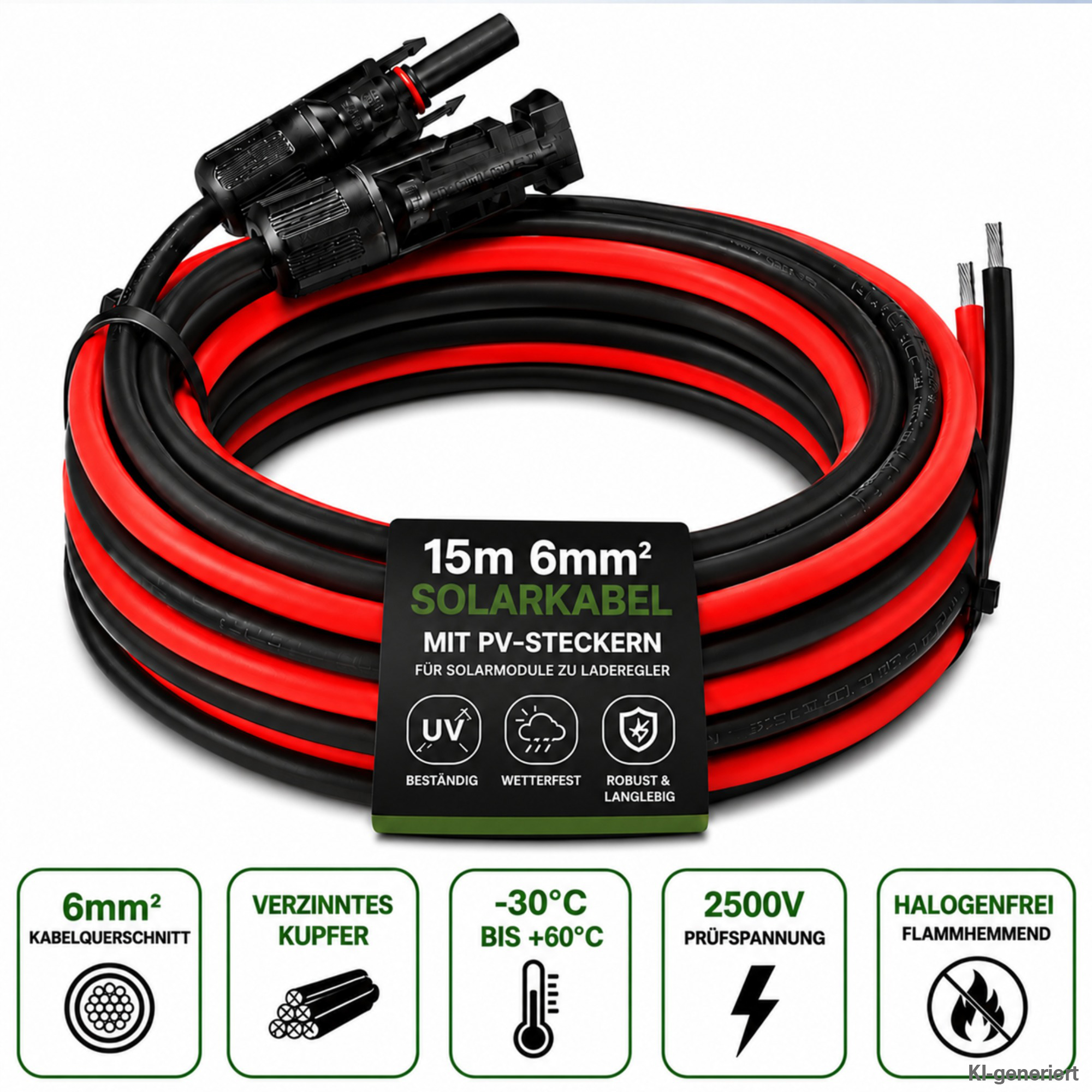 15m 6mm Kabel schwarz und rot mit Solarstecker und offener Litze mit Informationslabel