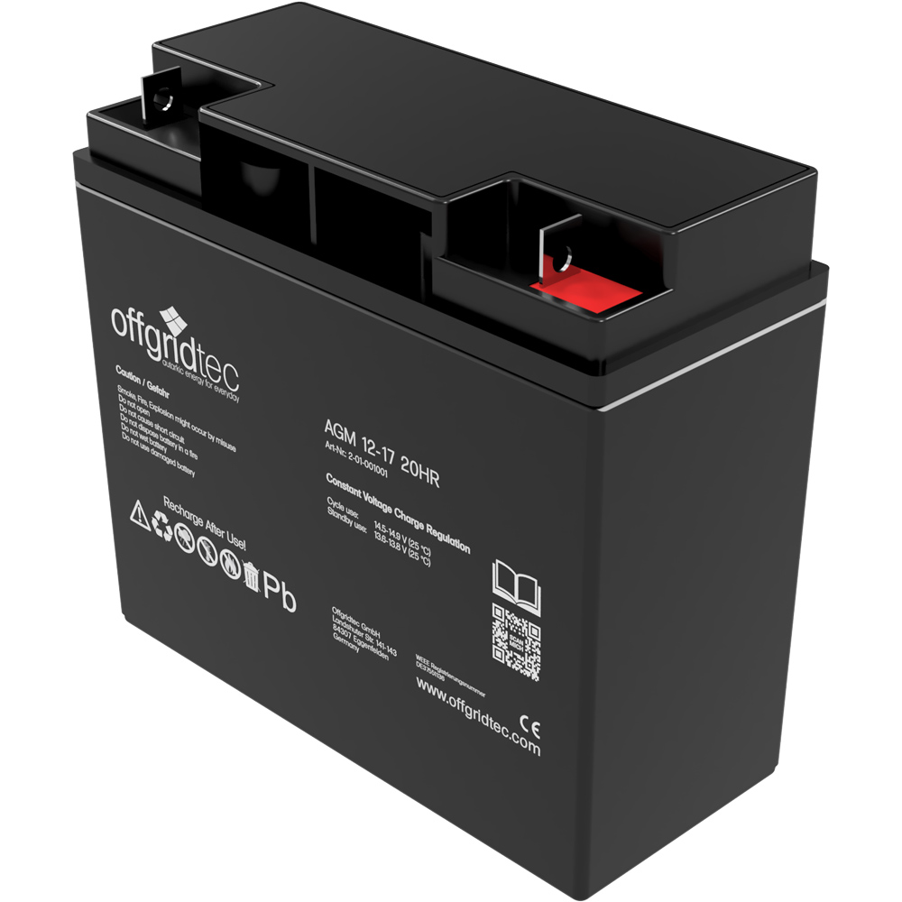 Batterie in schwarz, Ansicht schräg, sichtbare Aufschrift und Ansteckpole