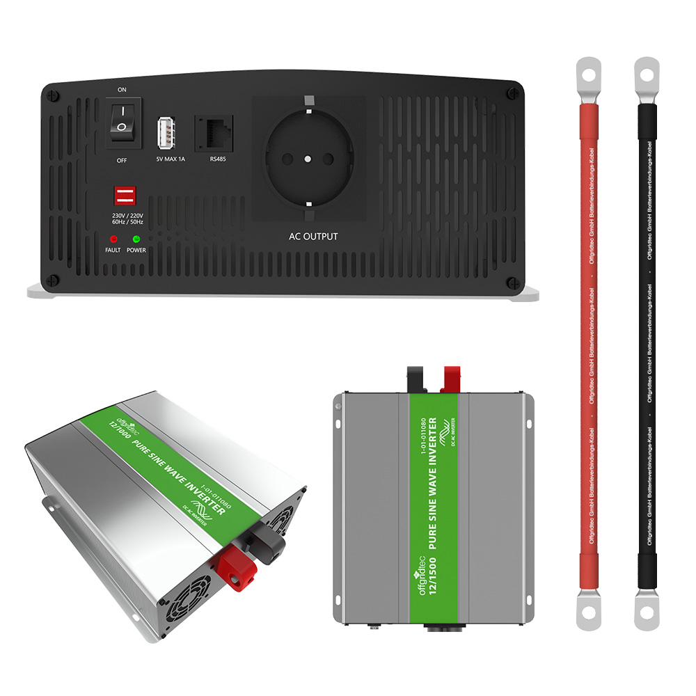 Spannungswandler in silber, grün und schwarz in mehreren Ansichten, gezeigter Anschlussmöglichkeiten und Batteriekabel