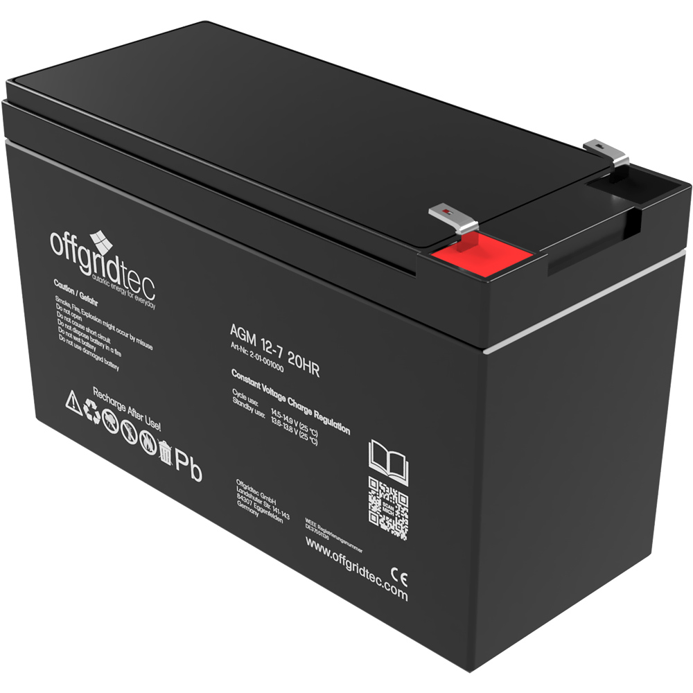 Batterie in schwarz, Ansicht schräg, sichtbare Aufschrift und Ansteckpole