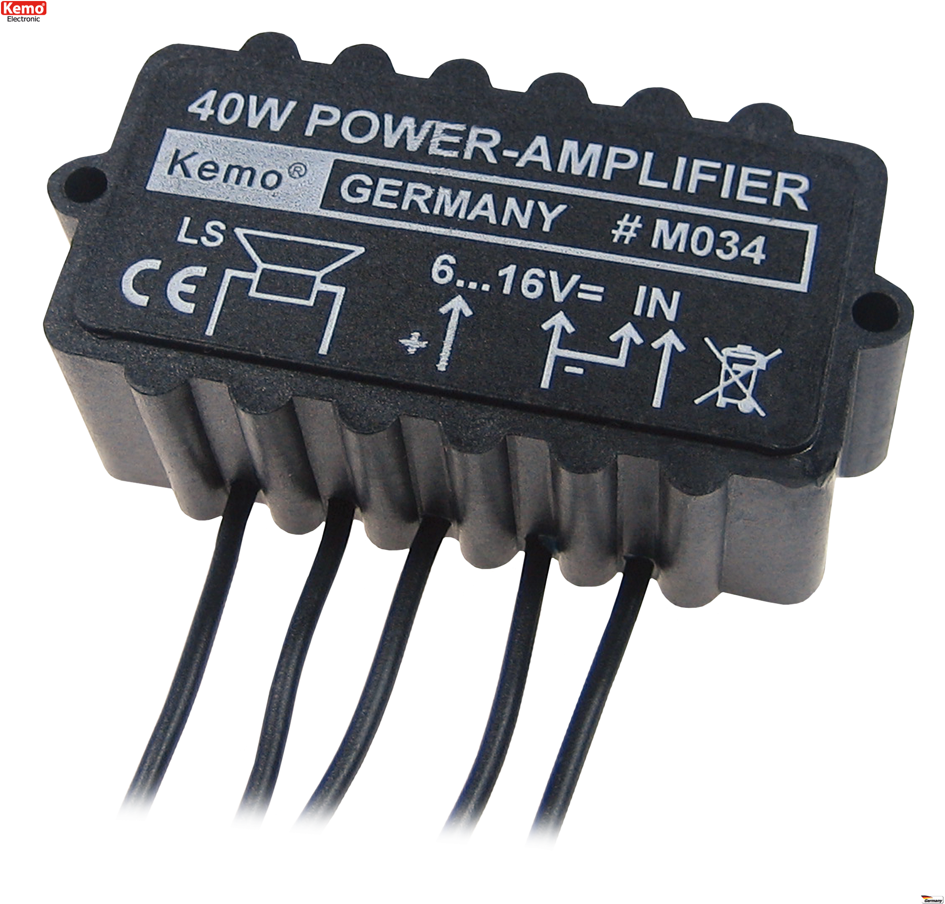 Schrägansicht des schwarzen Kemo M034 Verstärkers mit 40W