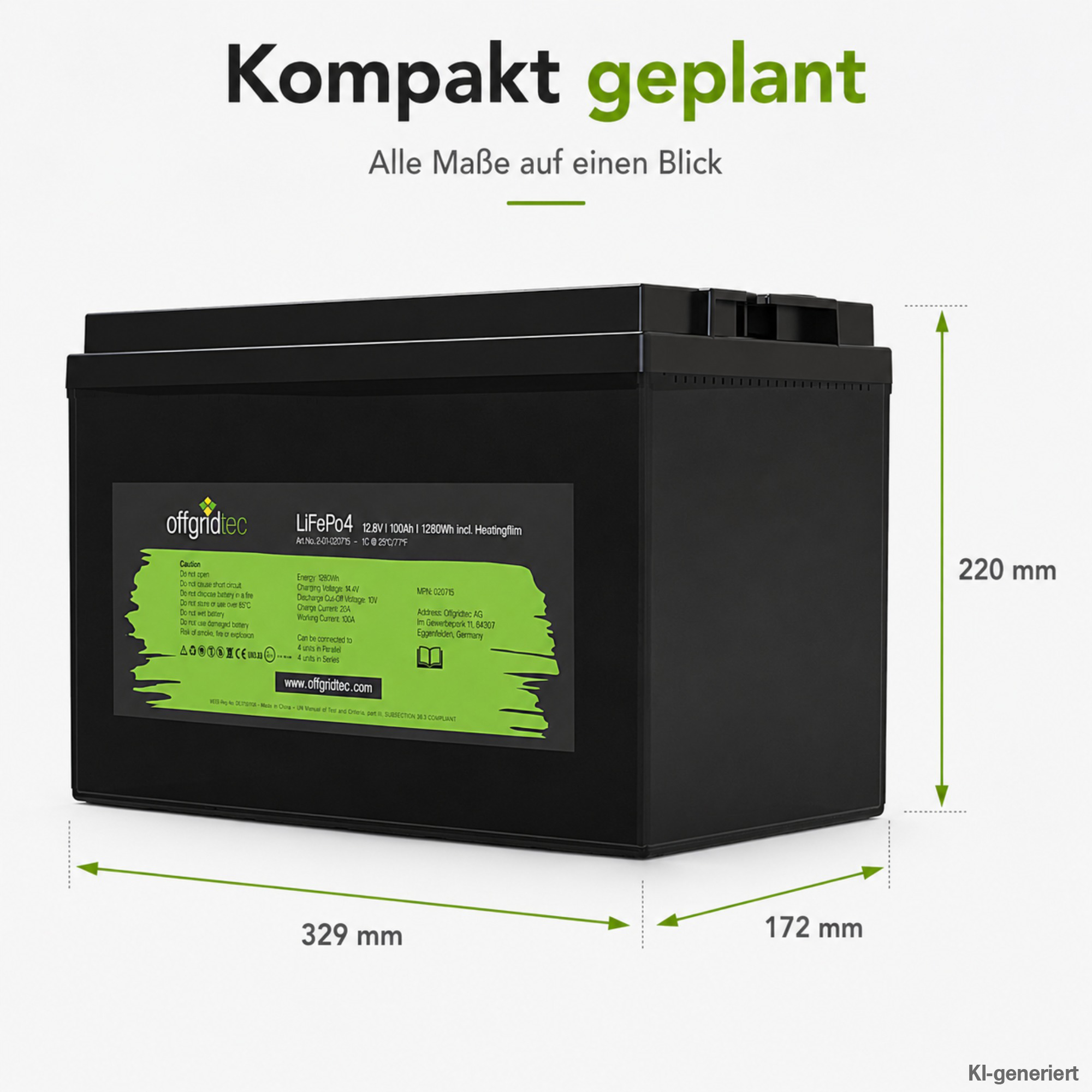schwarze Offgridtec LiFePO4 Batterie 12V 100Ah mit Heizmatte Abmessungen