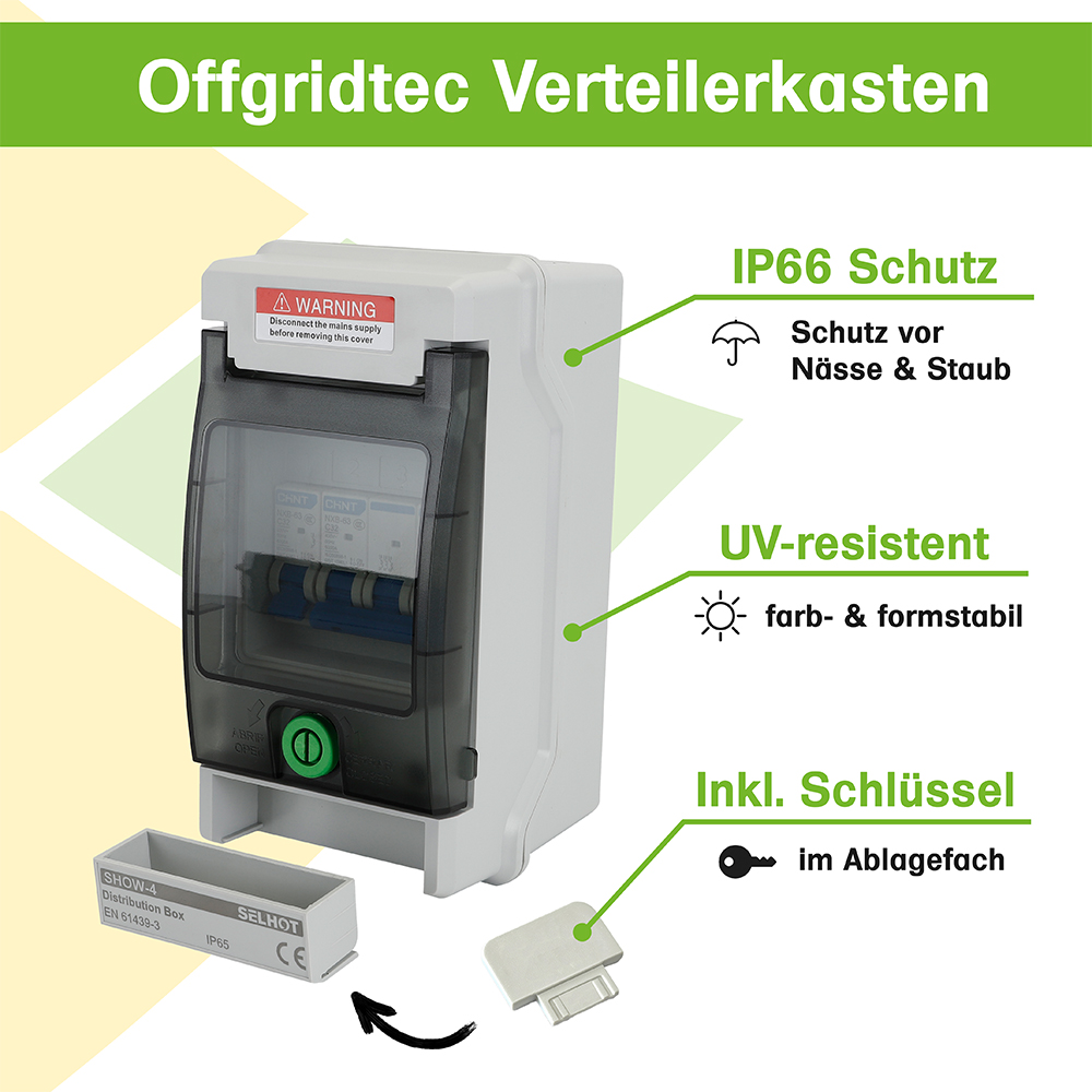 Infografik: Verteilerkasten 4 Eingänge: IP66 Schutz, UV-Resistenz, Inklusive Schlüssel in herausnehmbarem Schubfach