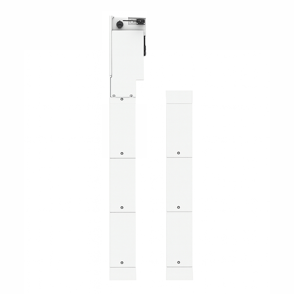 Seitenansicht links: weißen Solax X3-IES Speichersystems mit Wechselrichter, 6 Batterien, BMS und Series Box