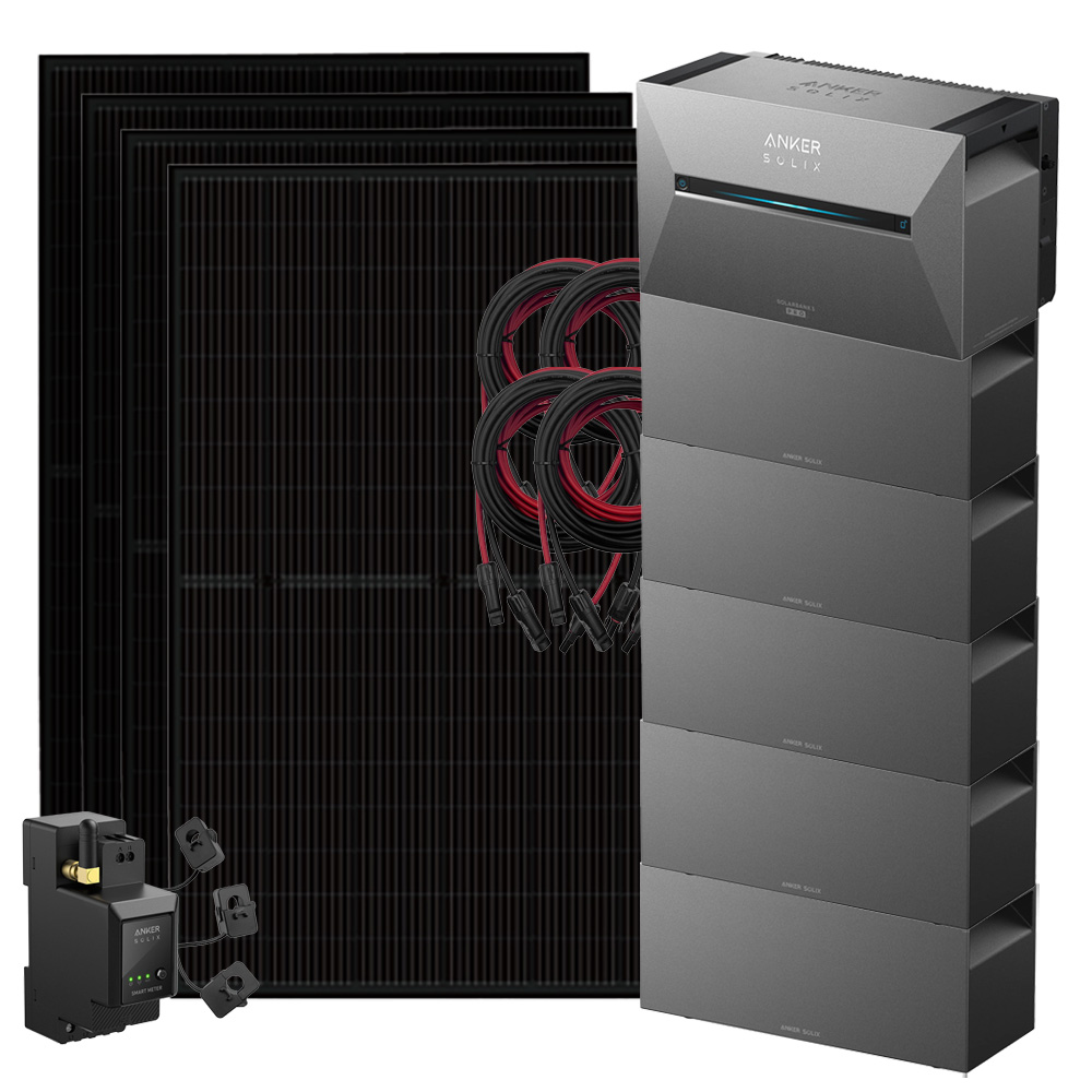 Setansicht: 4x Solarmodule, 1x Solix 3 Solarbank, 5x BP2700 Erweiterungsbatterie, 1x Stromzähler, 4x Kabel-Set