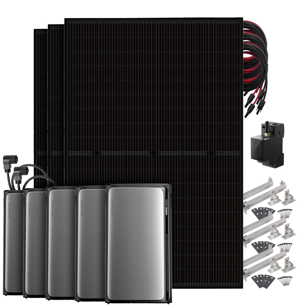Setansicht: 3 Solarmodule, EcoFlow Stream Pro All-in-1 System, 4 AC Pro Batterien, Smart Meter, Kabel & Flachdach-Montageset