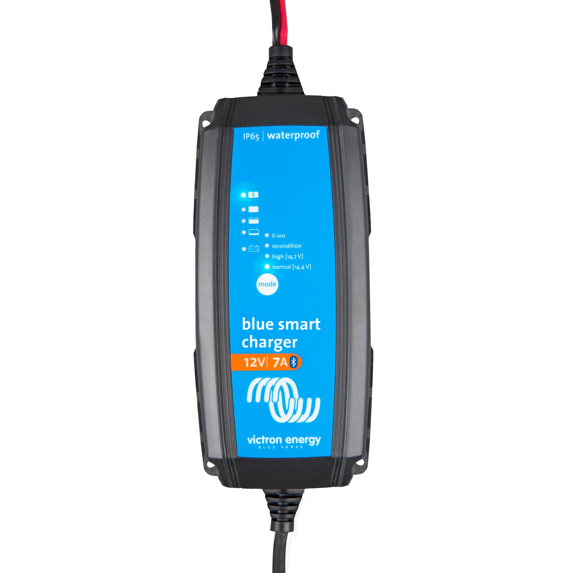 Victron Blue Smart IP65 12/7 Batterieladegerät Frontalansicht Vorderseite Kabel oben und unten