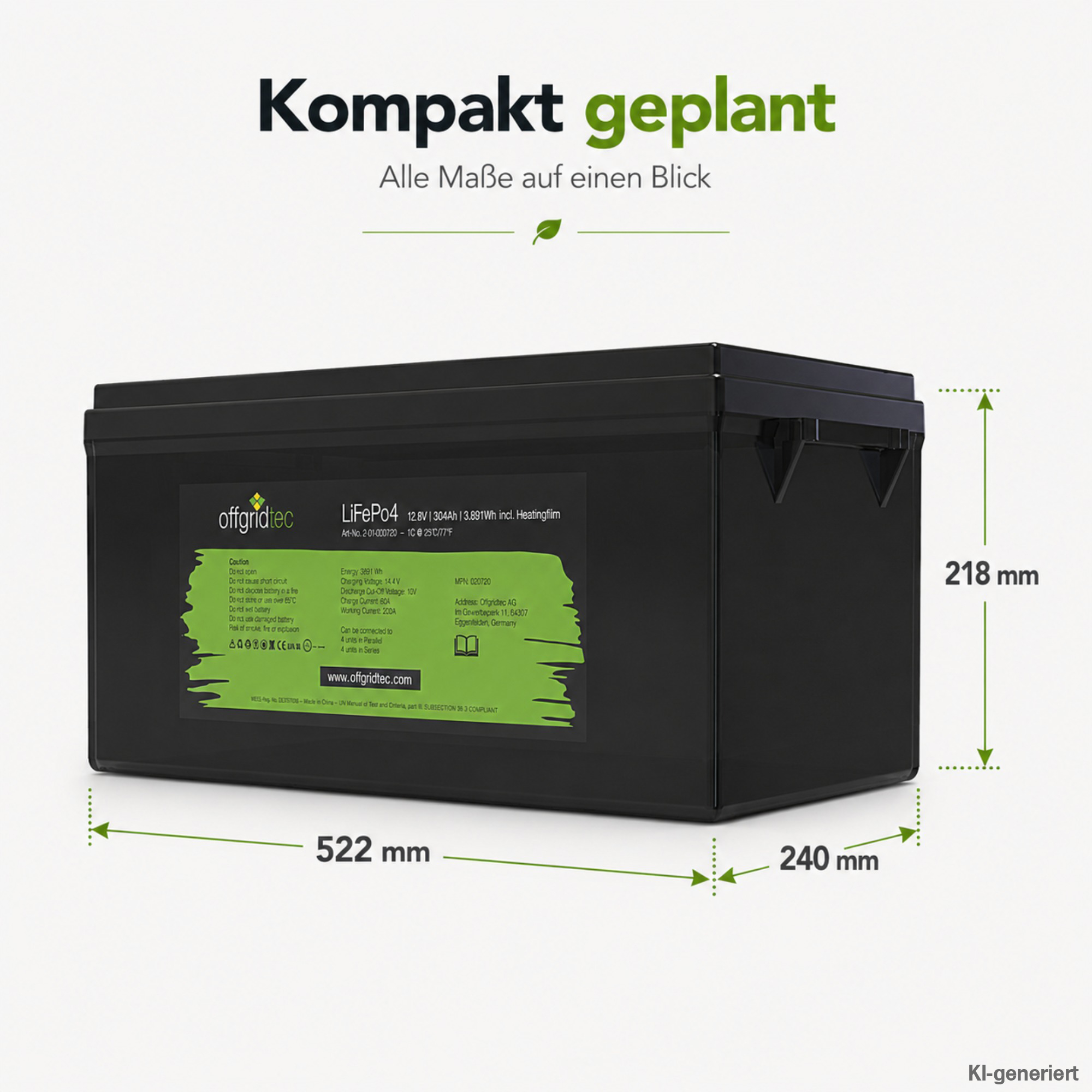 schwarze Offgridtec LiFePO4 Batterie 12V 304Ah mit Heizmatte Abmessungen