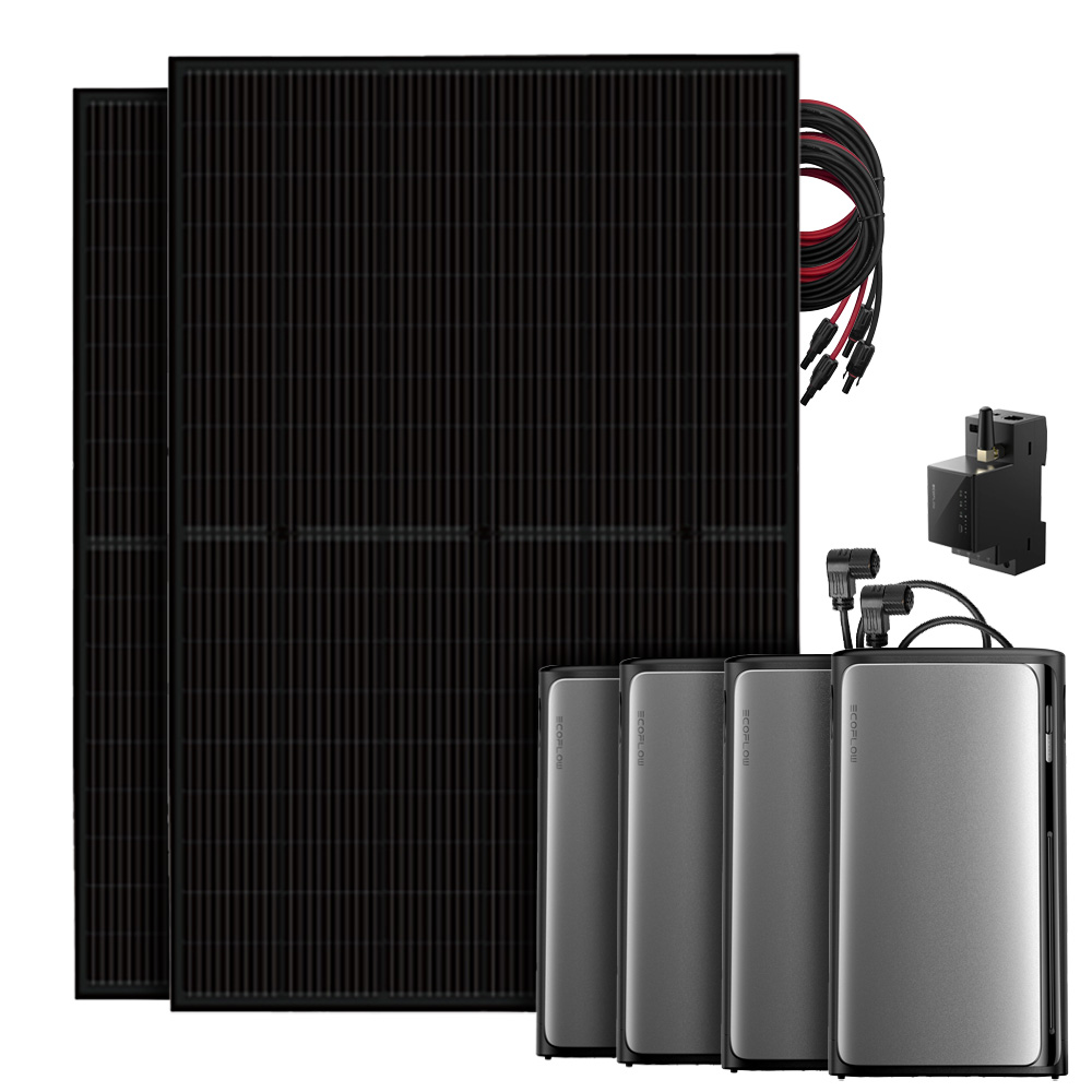 Setansicht: 2 Solarmodule, EcoFlow Stream Pro All-in-1 System, 3 AC Pro Batterien, Smart Meter und Kabel