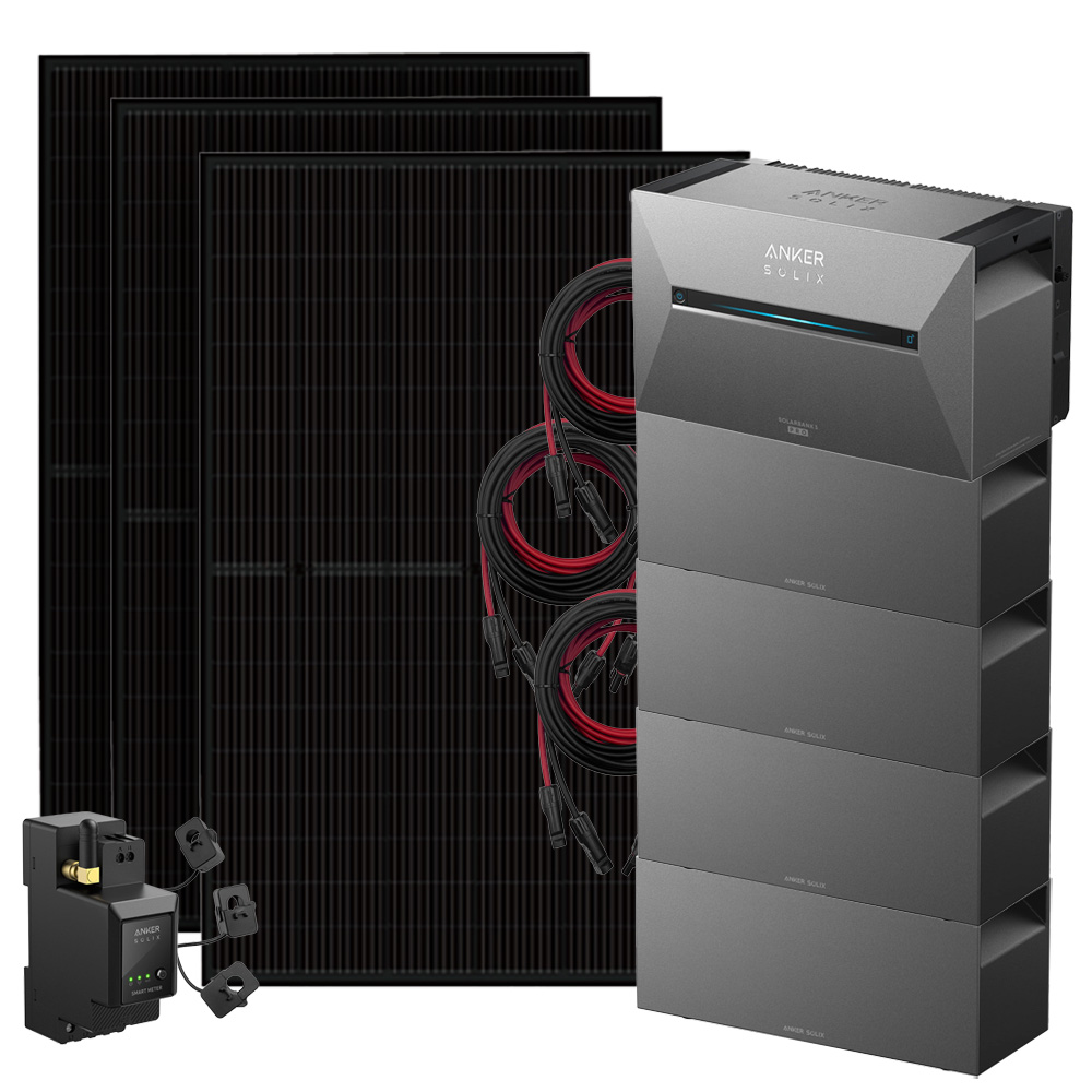 Setansicht: 3x Solarmodule, 1x Solix 3 Solarbank, 4x BP2700 Erweiterungsbatterie, 1x Stromzähler, 3x Kabel-Set