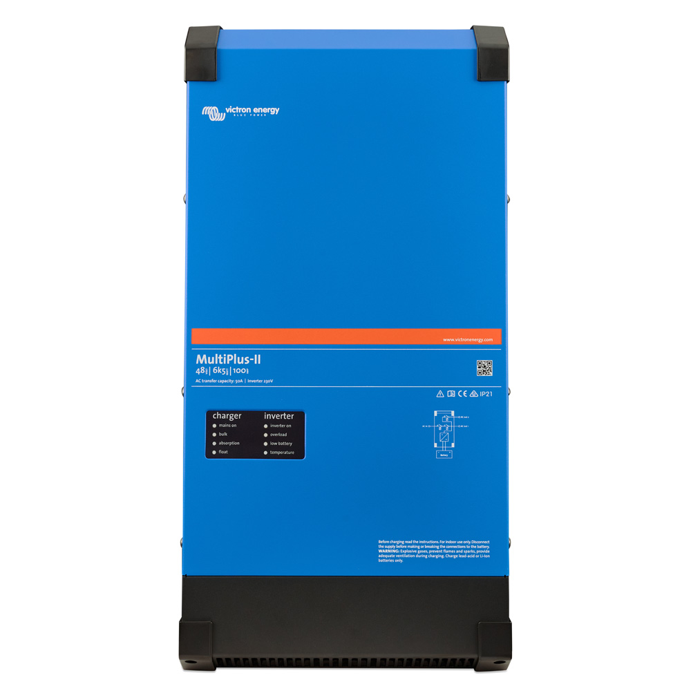 Frontansicht: blauer, rechteckige Victron MultiPlus 2 48/6k5/100-50 230V Gerätekombination mit LED-Anzeige