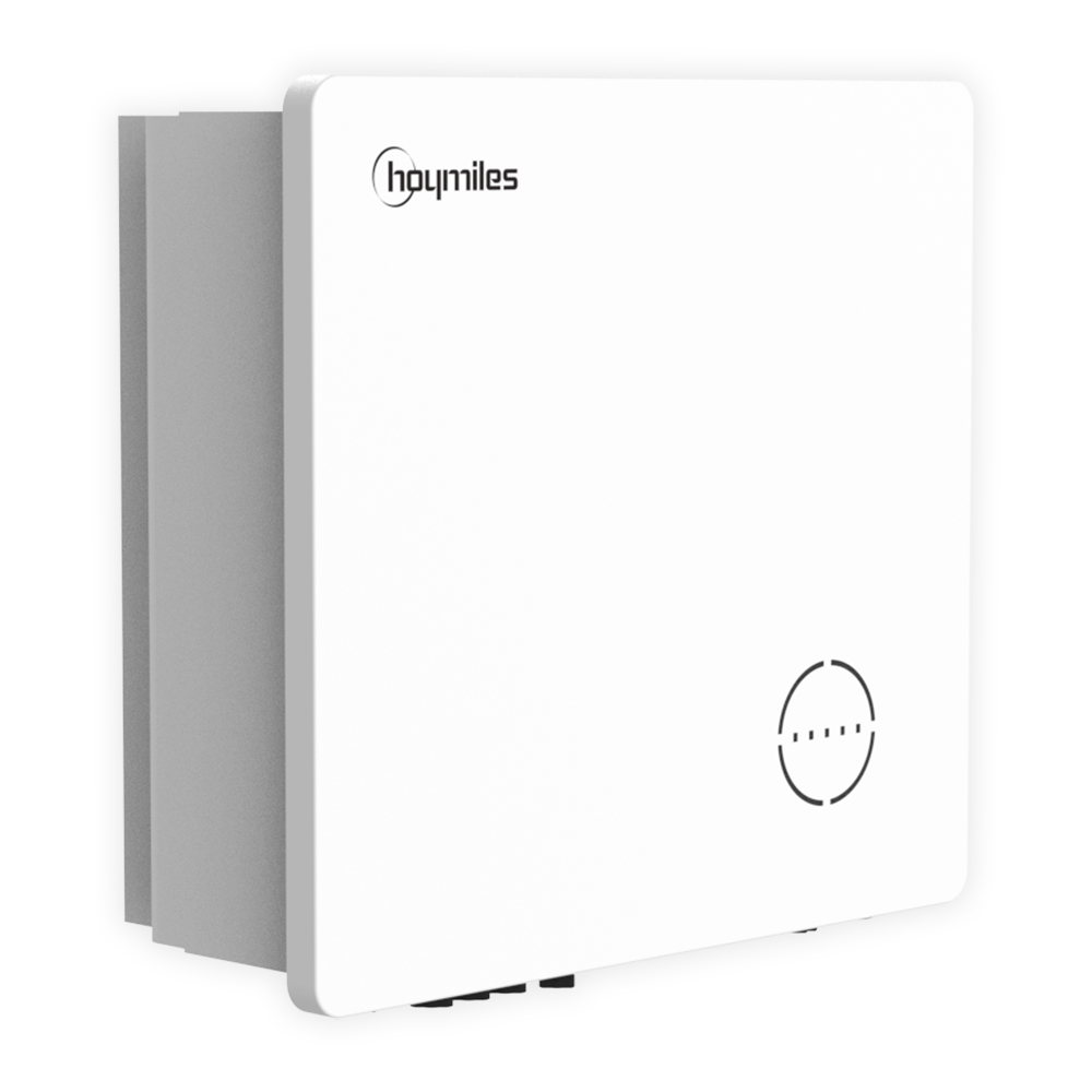 Schrägansicht von links: 3-phasiger, weißer Hoymiles HYT-12000 HV 5kW Hybrid-Inverter mit Logo und Anschlüssen unten