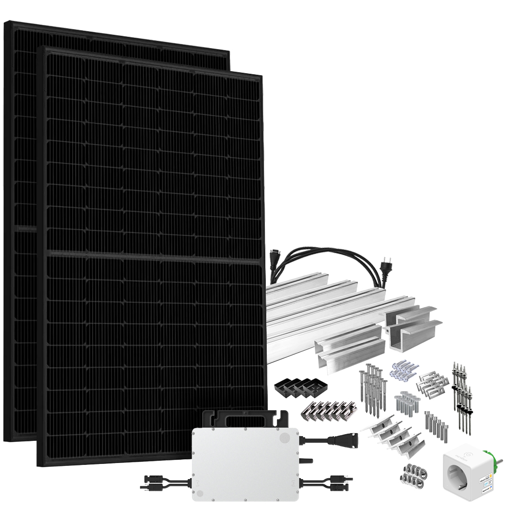 Offgridtec® Solar-Direct 860W HMS-800W-2T Balkonkraftwerk Bifazial Full Black Schukosteckdose - 15m - Montageset Stockschrauben mit Stromzähler