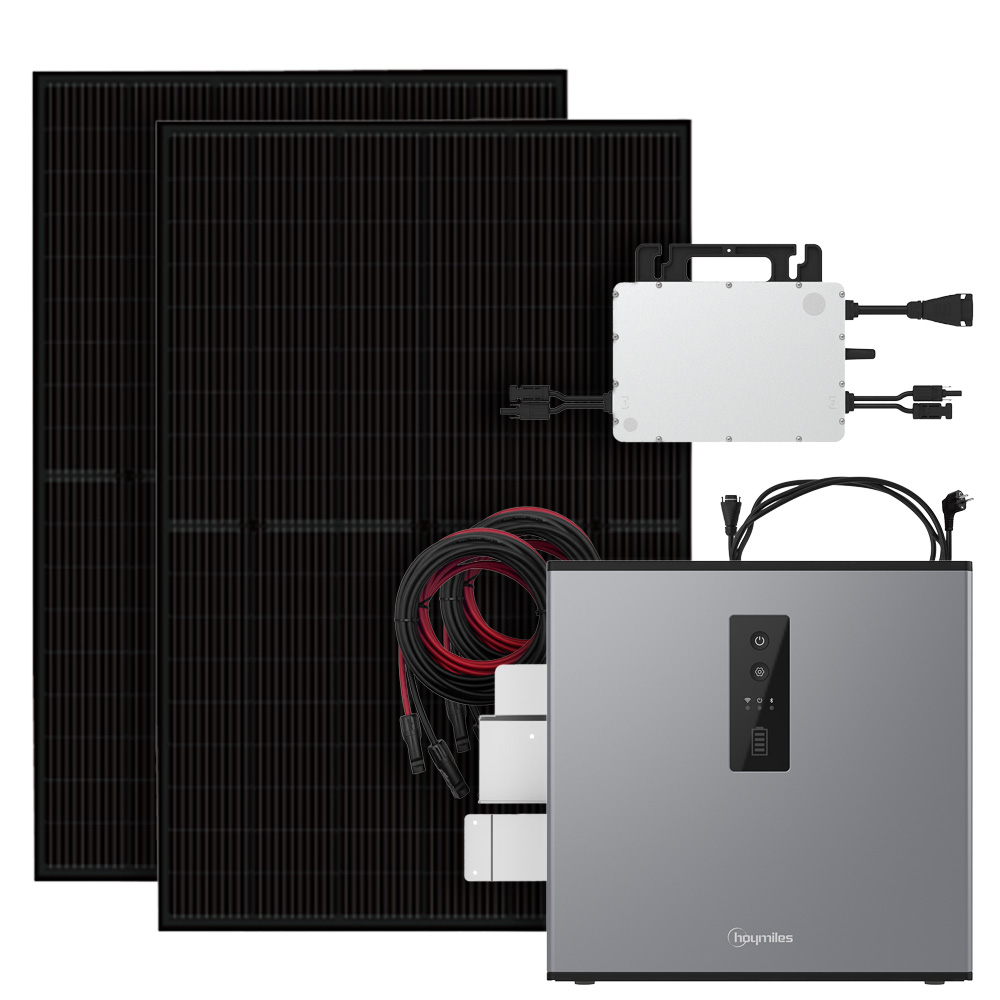 Solar-Komplettset mit 2 Full-Black Modulen, Hoymiles Wechselrichter, Speicher, Halterung & Kabel