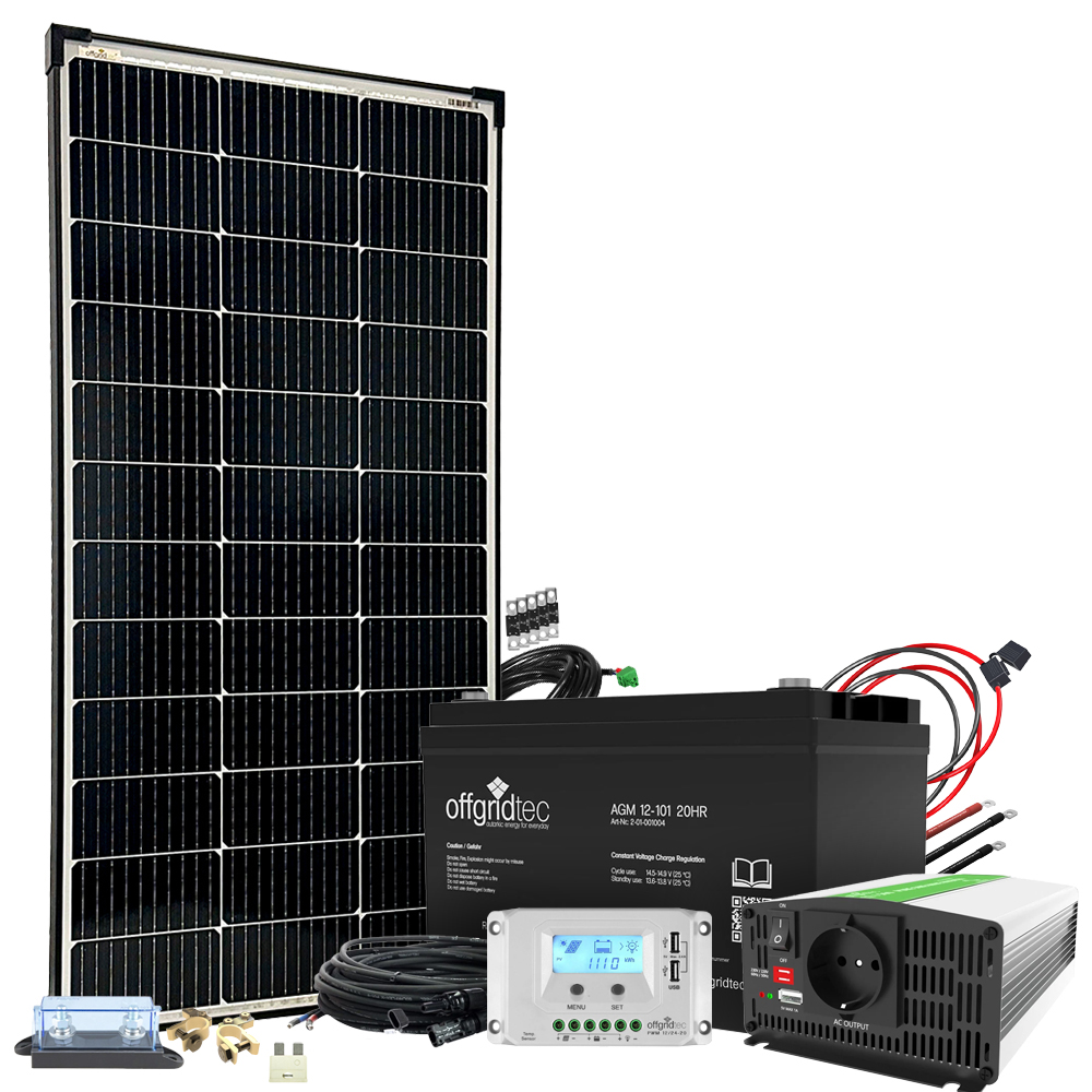 Solaranlage mit allen Komponenten, Solarmodul, Batterie, Solarladeregler, Spannungswandler, Verkabelung und Sicherungen