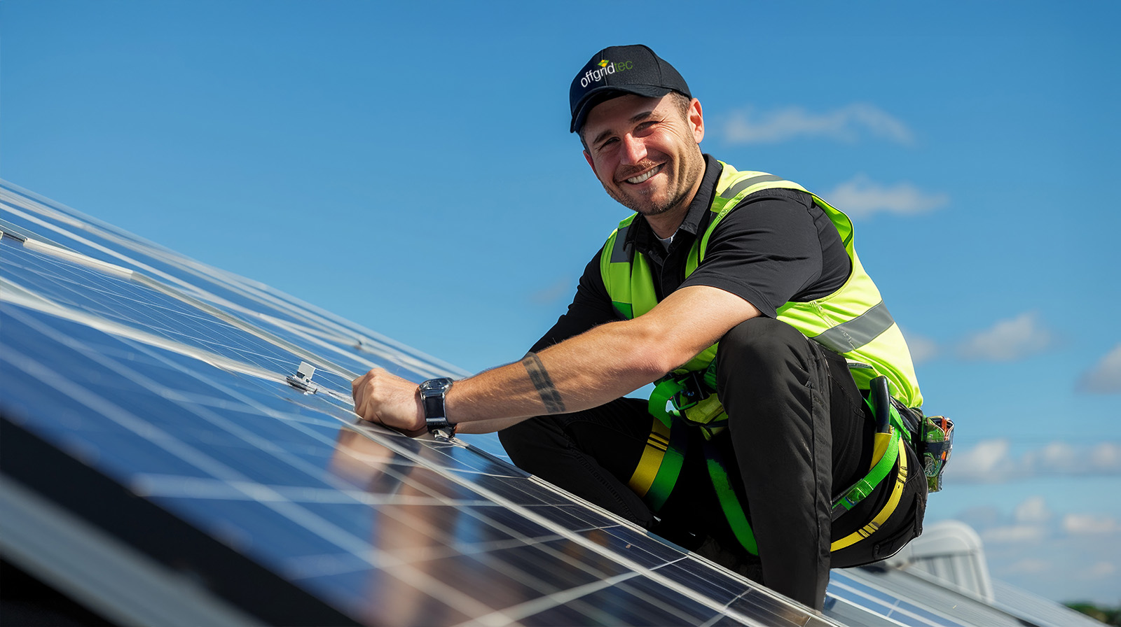 Offgridtec Monteur der auf einem Dach arbeitet und dabei lächelt 