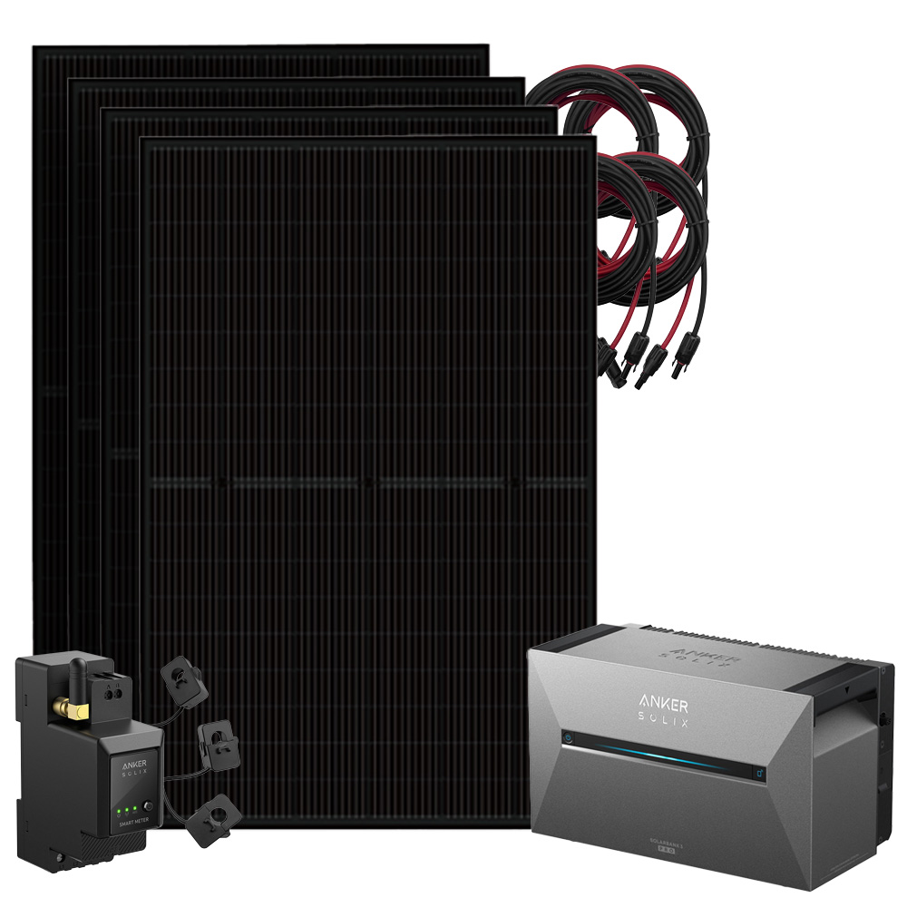 Setansicht: 4x Solarmodule, 1x Solix 3 Solarbank, 1x Stromzähler, 4x Kabel-Set