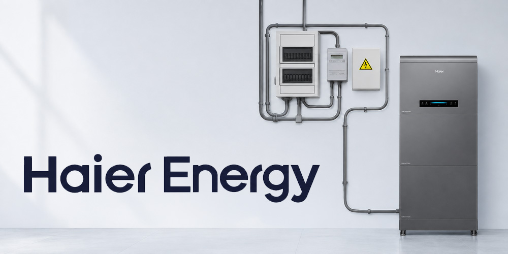 Stehendes silbernes Haier-Energiespeichersystem mit angeschlossenen grauen Rohren an weißer Wand und Schriftzug 'Haier Energy' links
