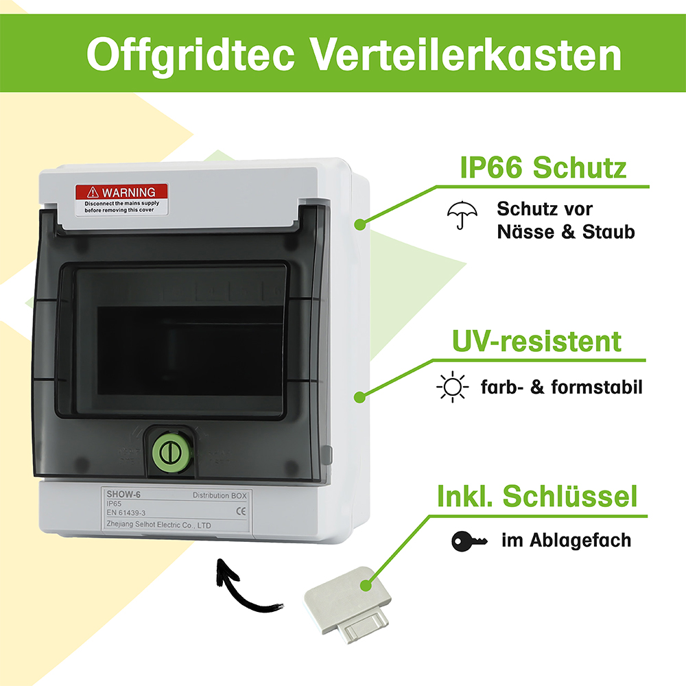 Infografik: Verteilerkasten 6 Eingänge: IP66 Schutz, UV-Resistenz, Inklusive Schlüssel in herausnehmbarem Schubfach