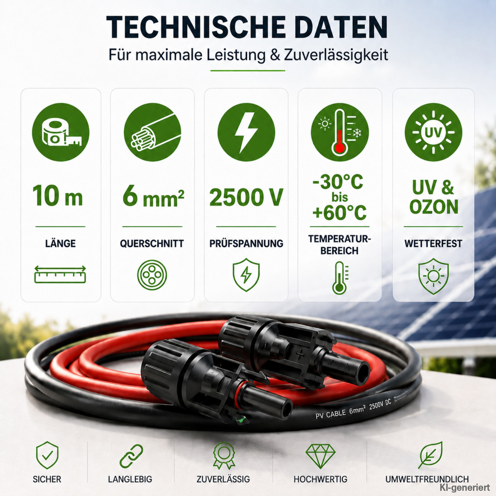 Technische Daten zu 10m 6mm Solarkabel mit Solarmodul im Hintergrund
