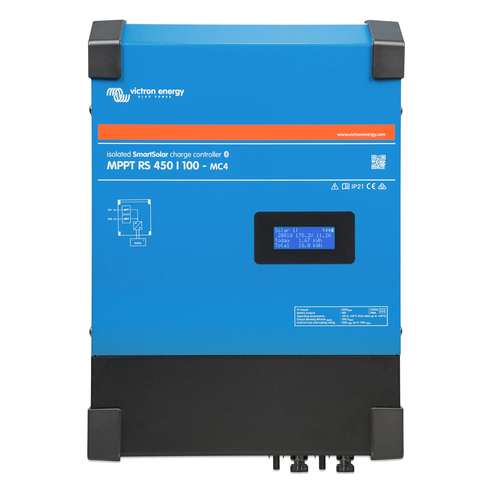 Frontansicht des blauen, rechteckigen Victron SmartSolar MPPT RS 450/100-MC4 Ladereglers mit kleinem Display