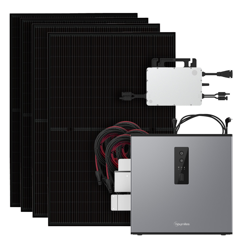 Solar-Komplettset mit 4 Full-Black Modulen, Hoymiles Wechselrichter, 1 Speichermodul, Halterungen & Kabel