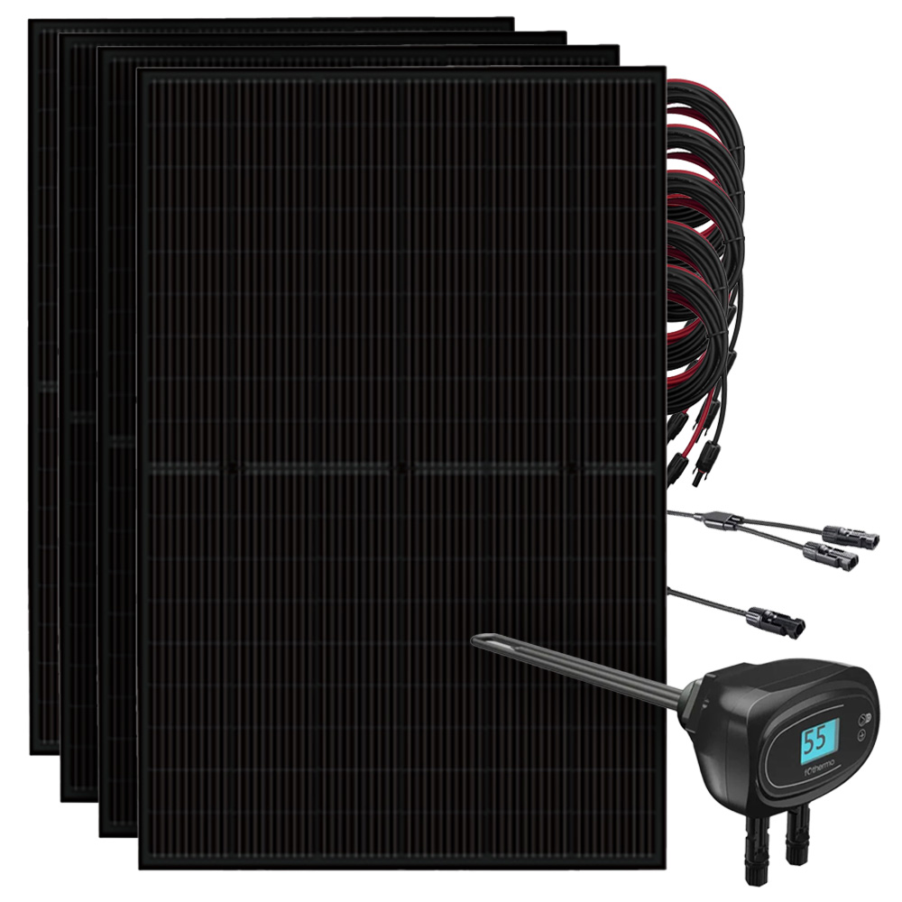 Setansicht: Vier Full-Black Solarmodule, Heizstab, fünf MC4-Kabel und zwei Y-Abzweigbuchsen mit Verlängerung