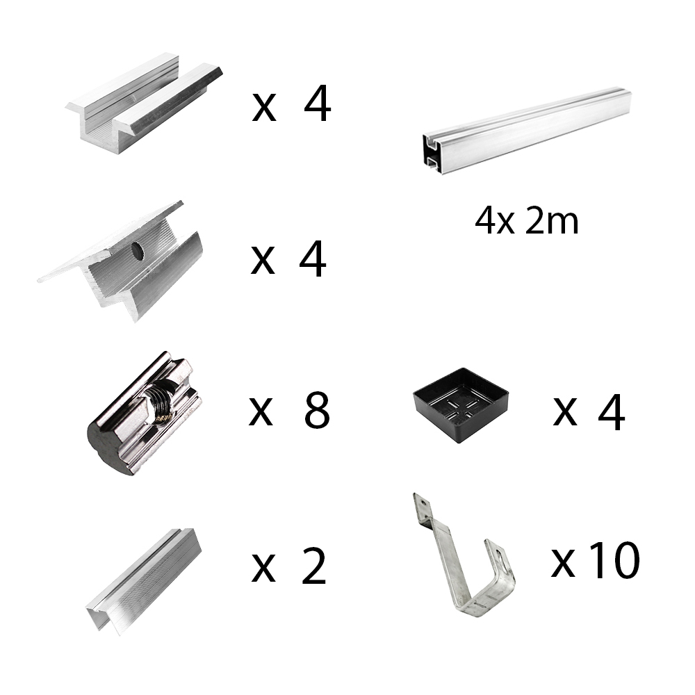 Kit de fixation avec crochets de toit en queue de castor pour montage sur toit incliné 3 panneaux solaires hauteur de cadre 40mm