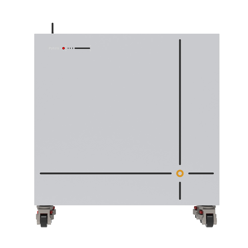 Frontansicht eines rechteckigen Pytes V16 Lite LiFePO4 Batteriespeichers mit glatter Oberfläche, vier schwarzen Linien und einem gelben Punkt, stehend auf vier Rollen zur Bodenmontage