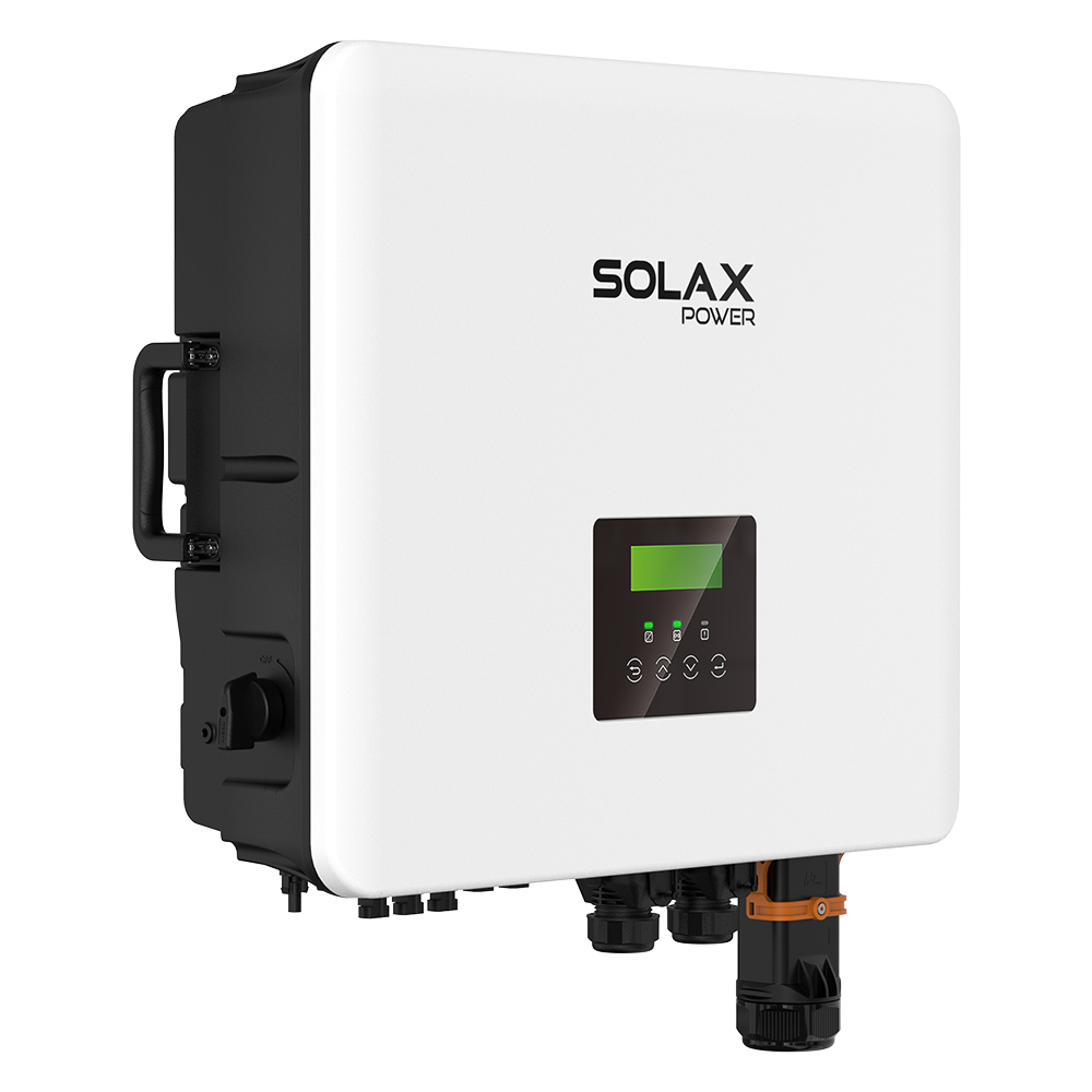Schrägansicht von links: weiß/schwarzer Solax X3 HYBRID G4 PRO 15kW Hybrid-Wechselrichter mit Display, Anschlüssen und Griff
