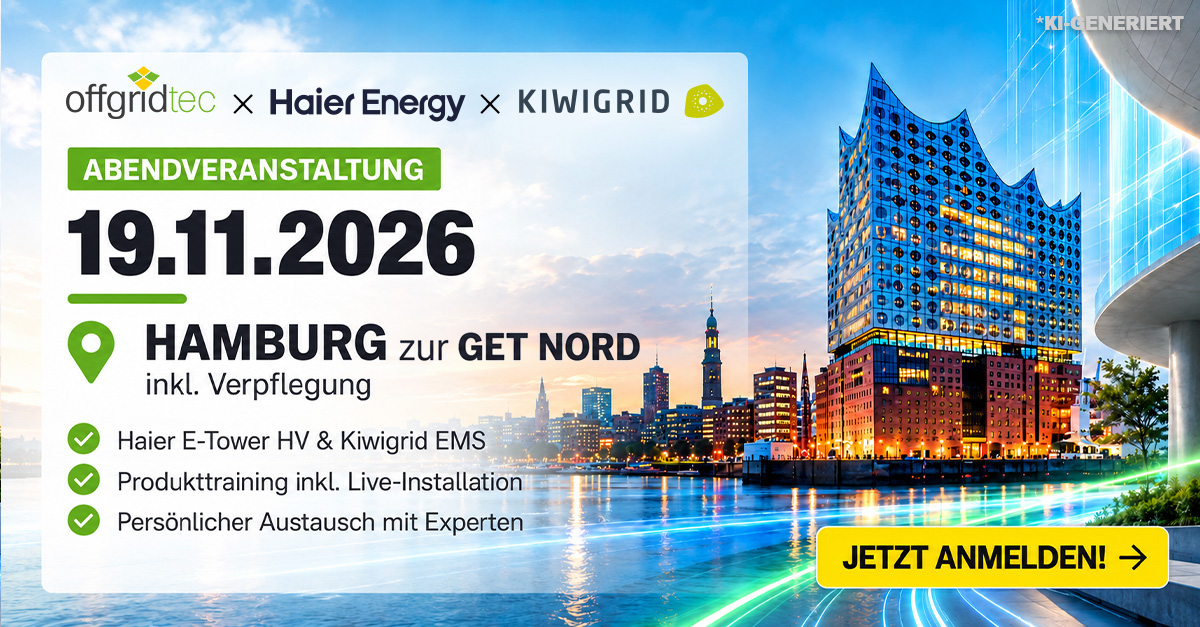 Banner Roadshow 2026 von Offgridtec, Haier Energy und Kiwigrid: Abendveranstaltung am 19.11.2026 in Hamburg zur GET Nord mit Produkttraining zu Haier E-Tower HV und Kiwigrid EMS, Hamburger Skyline mit Elbphilharmonie