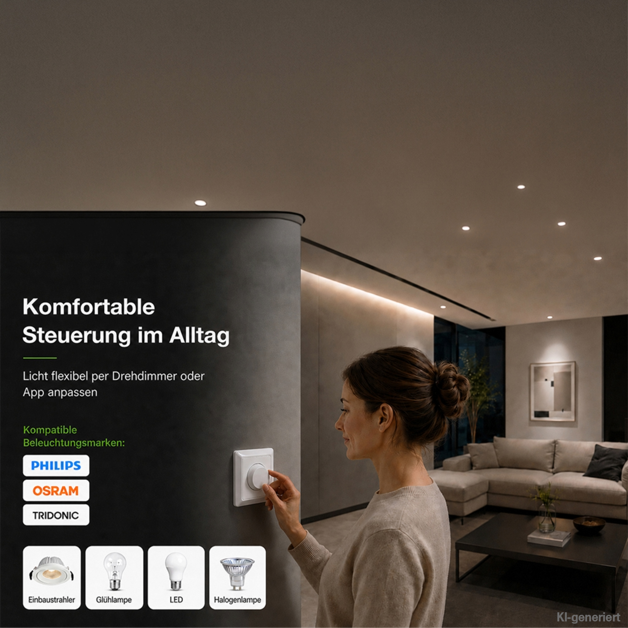 Komfortable Steuerung mit Drehdimmer, Anzeige kompatible Marken und Glühbirnen